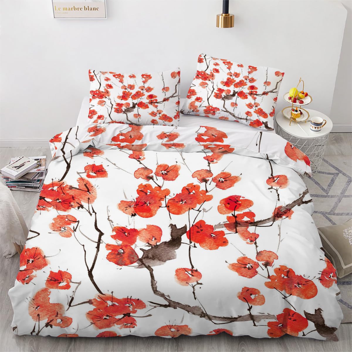 Housse de couette fleur anti-plis en microfibre douce pour lit double sans repassage