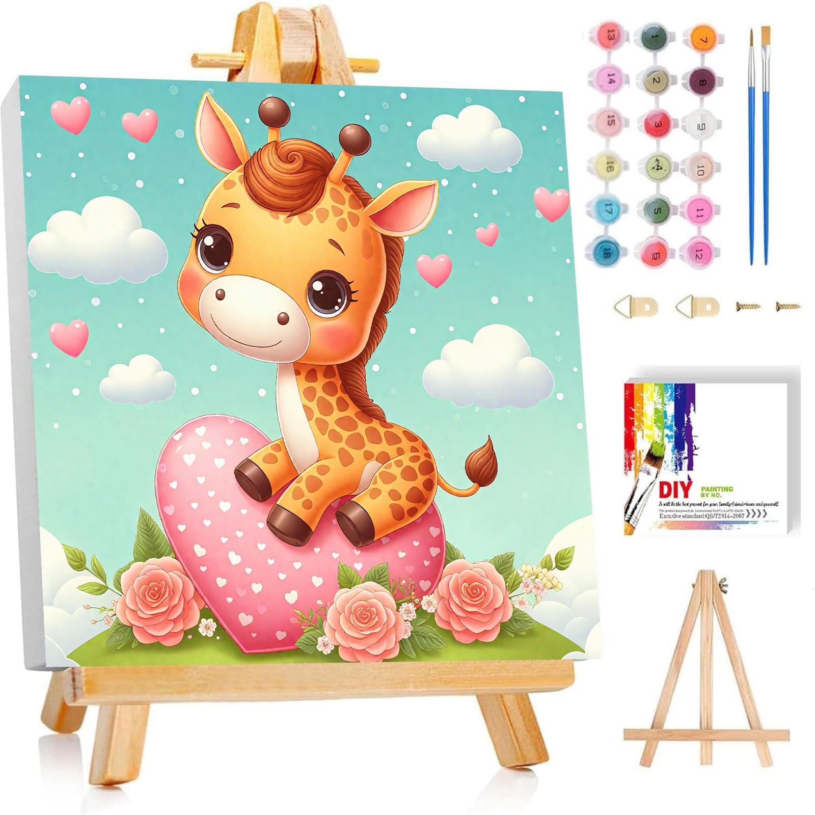 bleihum Animal Paint by Numbers Kit for Kids with Frame and Wooden Easel, Cute Paint by Number for Kids Ages 4-8-12, Giraffe Oil Painting by Number for Gift Home Wall Decor 8X8inch