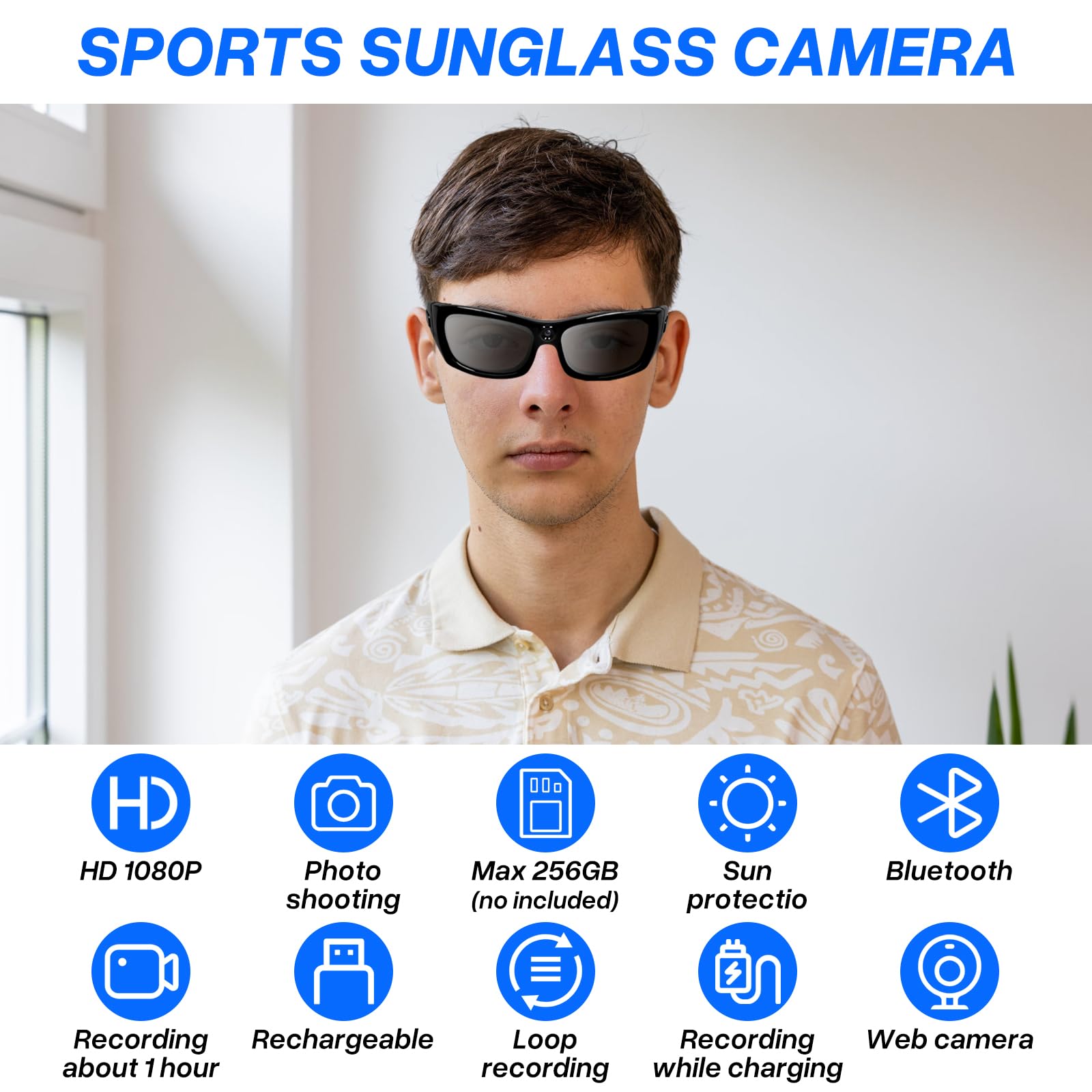 Caméra pour Lunettes de Sport HD 1080P,Caméra Espion Lunettes de Soleil avec Bluetooth, Minicaméra d'action Vidéo pour Lunettes de Sport pour Vélo/Moto pour Prendre des Photos et des Vidéos