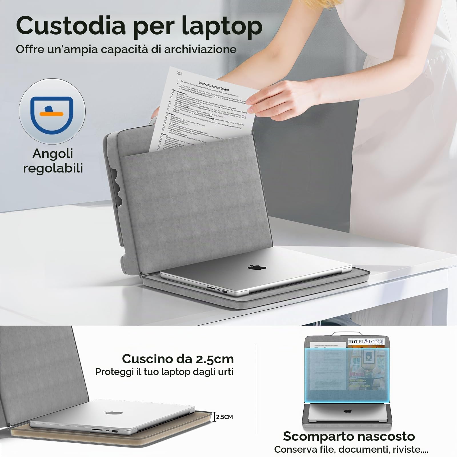 Cuscino per Computer Portatile, Porta PC Scrivania con 3 Angolazioni Regolabili, Cuscino Laptop con Poggiapolsi, Supporto Laptop Scrivania Adatto per Lavoro e Domestico, Grigio
