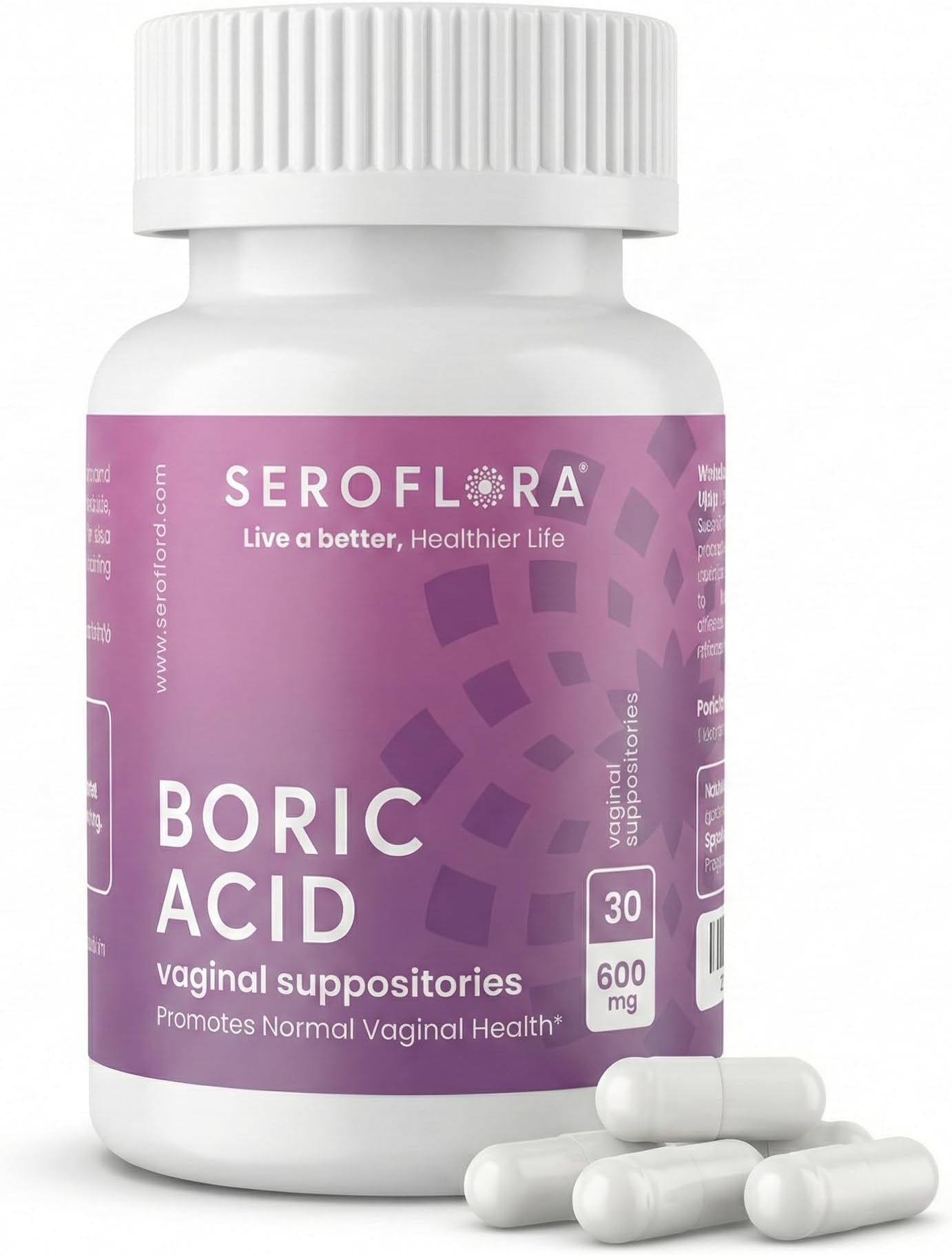 Seroflora Boric Acid Vaginal Suppositories (600mg, Bottle of 28)