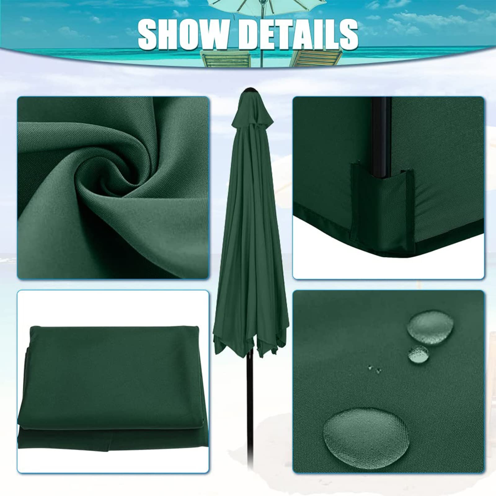 NEZIH 2/2,7/3M Vervanging Parasol Luifel, 6 ribben Universele Parasol Vervangingsdoek, Terras Vervanging Parasol Cove/Groen/2,7M