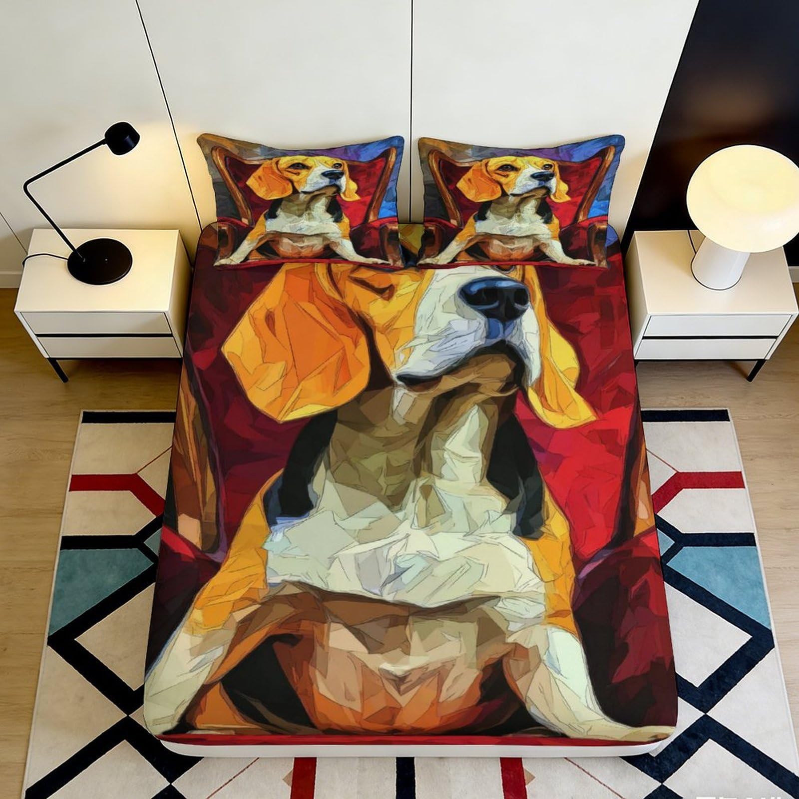 3D Printed Colorful Beagle Dog Fitted Sheet Microfiber Soft Breathable Artistic Bed Sheet for Bedroom Dormitory Guest Room Mattress Protection Decor 90x200x25cm