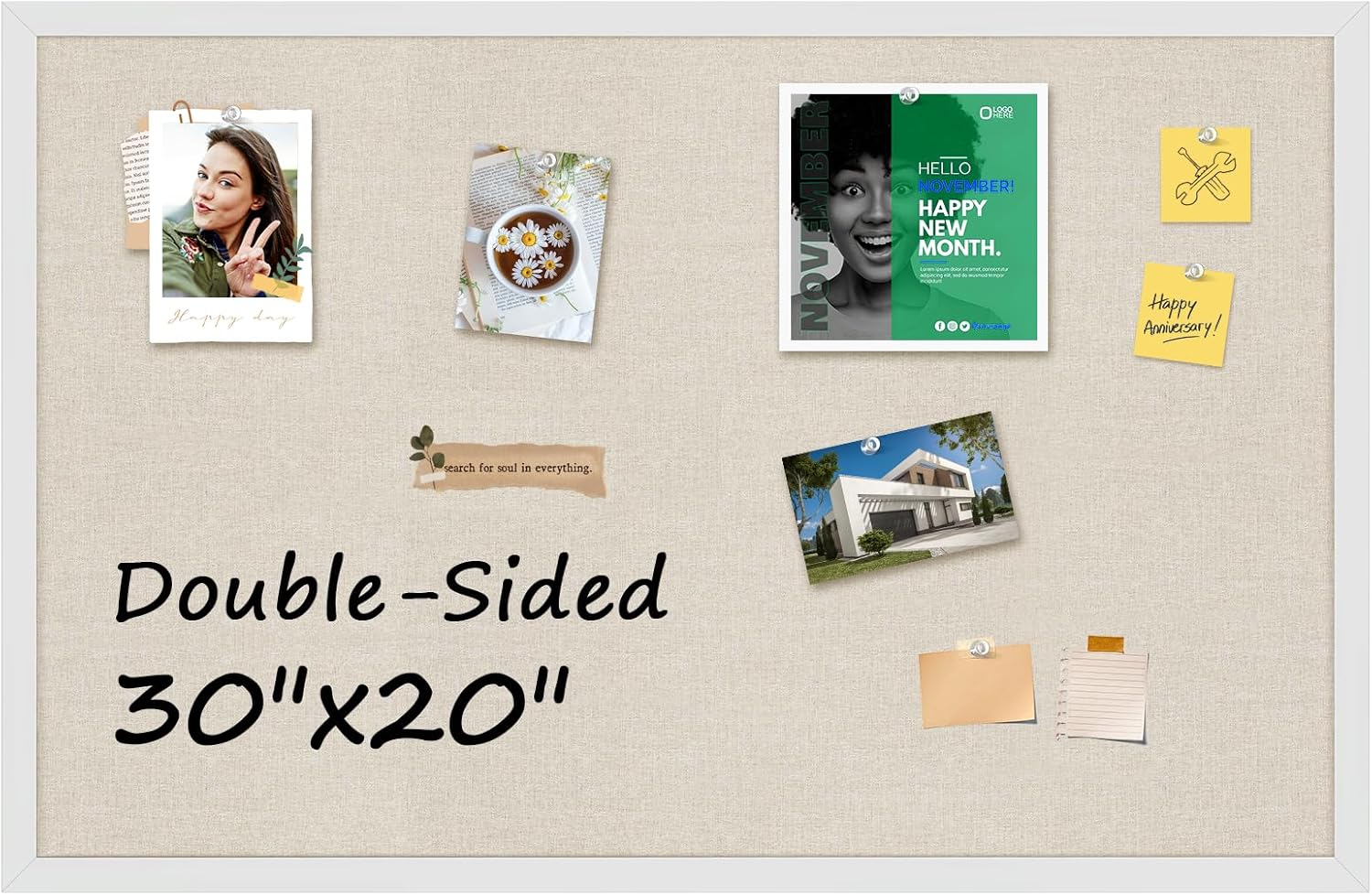 MaxGear Double-Sided Linen & Cork Board, 30" x 20" Large Bulletin Boards with White Frame, Picture Display Corkboards for Wall Decor, Vision Board for Office, School, Home Cork & Linen-1 Pcs 30" x 20"