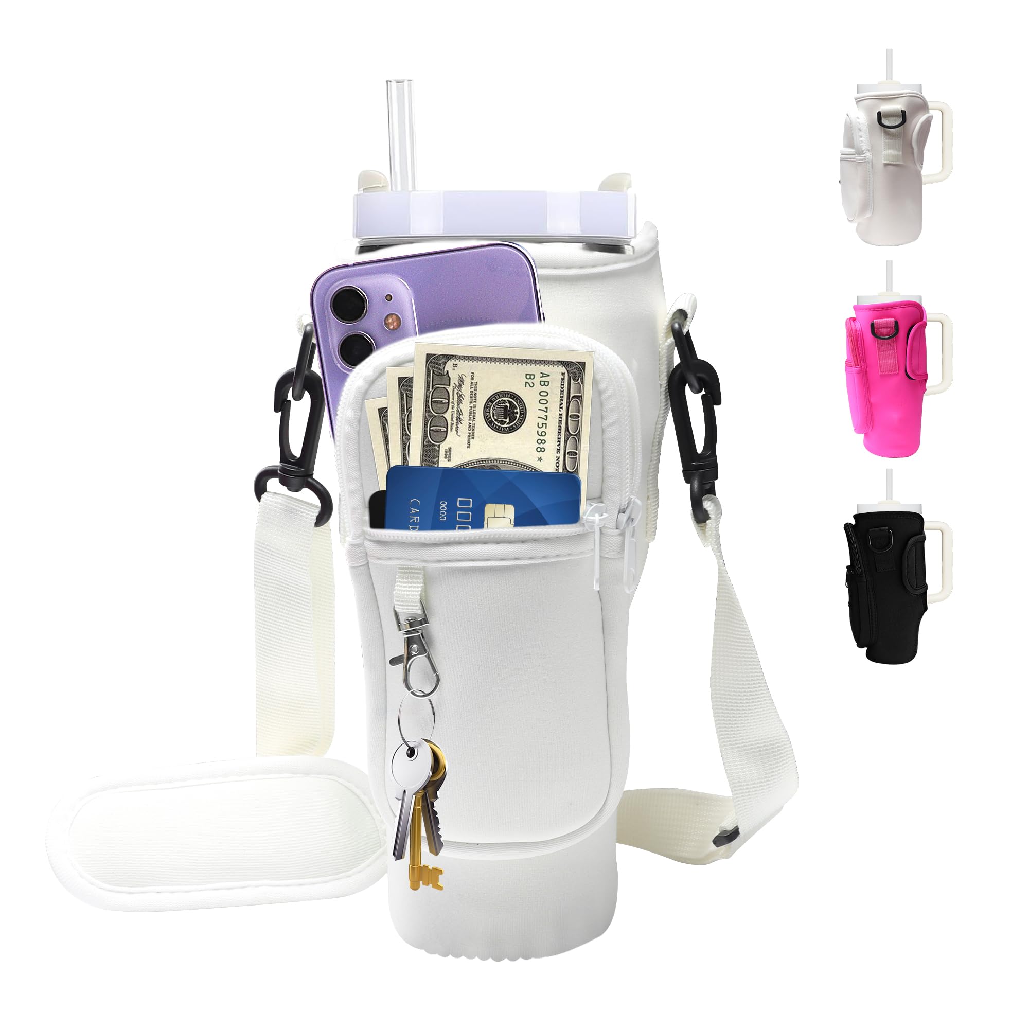 Photo 1 of **USED - MINOR DAMAGE**
Water Bottle Carrier Bag for Stanley 30oz Tumbler with Phone Pocket, Water Bottle Holder with Strap Cross-body Cup Bag Neoprene Tumbler Pouch with Handle, Stanley Cup Accessories, Creamy White