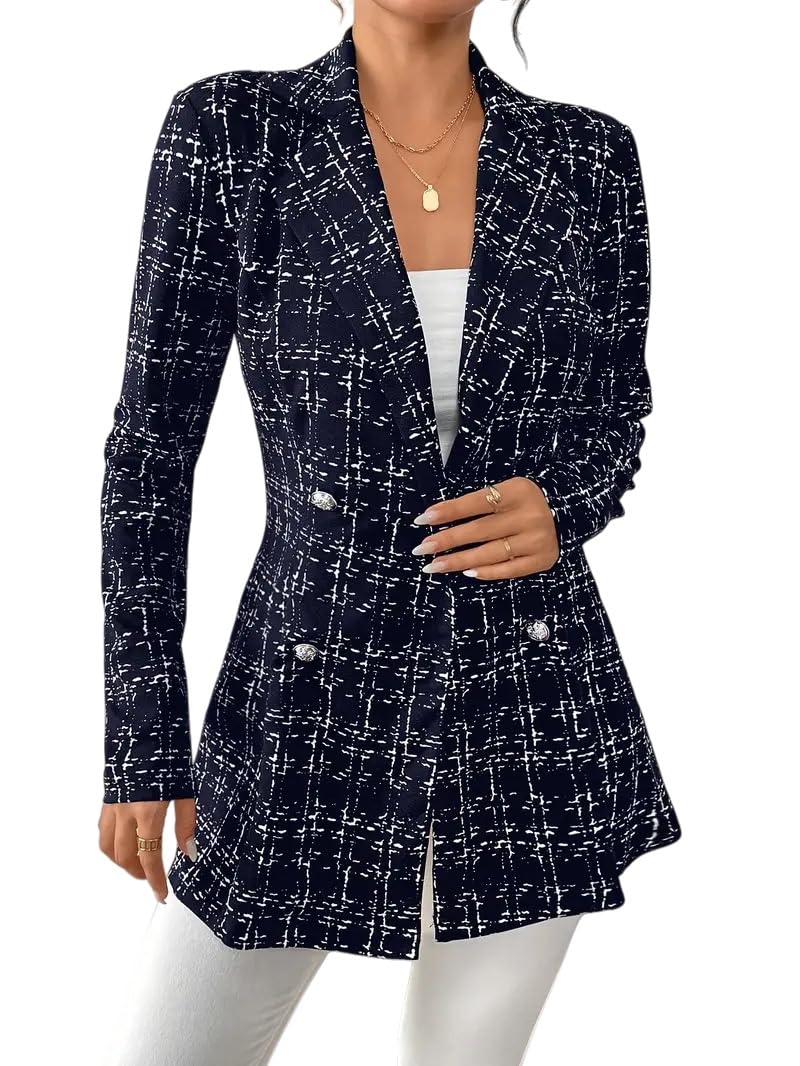 Blazer De Mujer - Abrigo De Tweed A Cuadros para Mujer Elegante Blazer Cruzado con Solapa Corte Entallado Largo Medio Estilo Línea A Chaquetas De Traje Ropa De Oficina Formal Abrigos