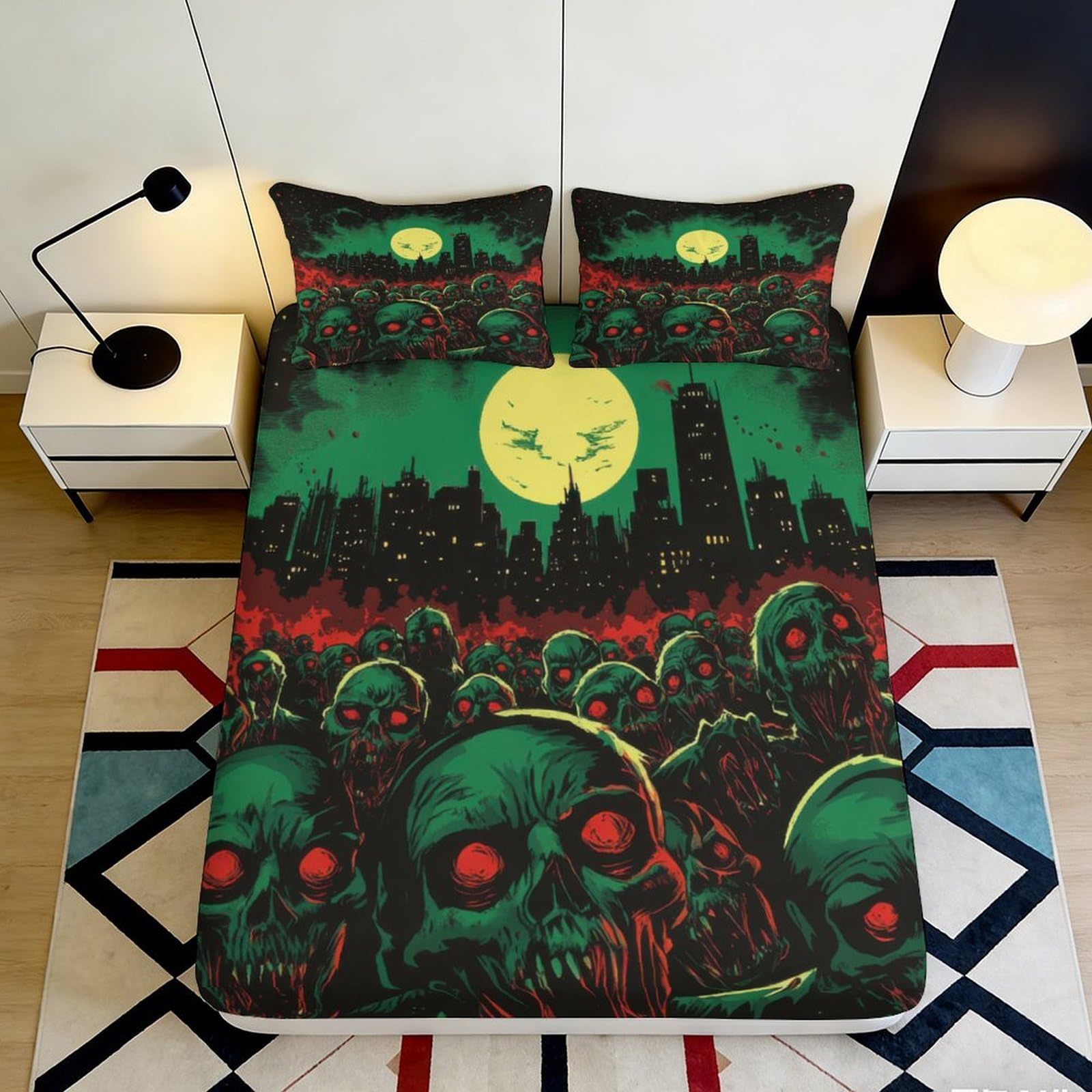 3D Printed Zombie Apocalypse Fitted Sheet Microfiber Soft Breathable Horror Skull Bed Cover for Bedroom Dormitory Guest Room Mattress Protection Decor 180x200x25cm