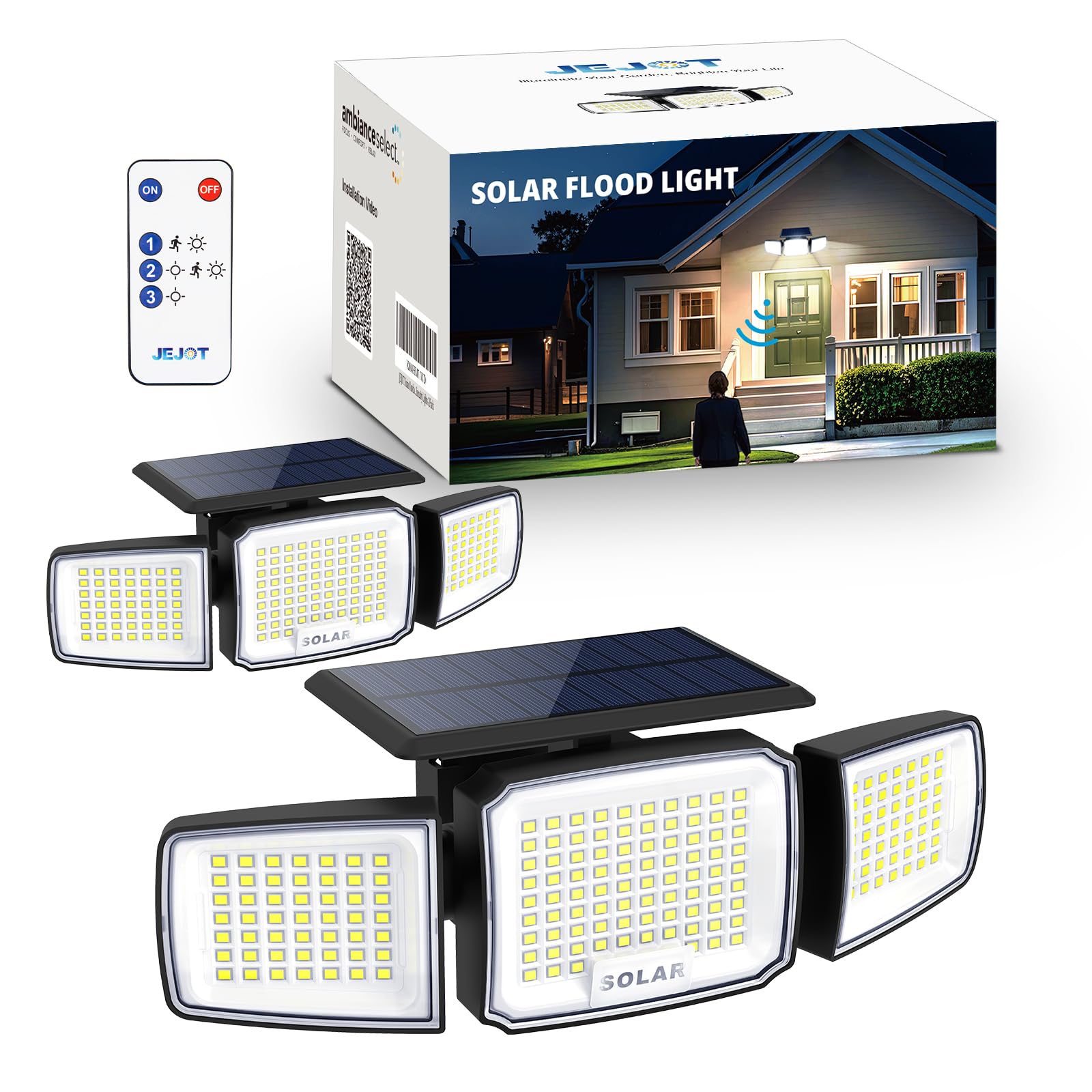 Solar Security Light Outdoor Super Bright LED w/Remote Control, Radar Motion Sensor Flood Light, 3 Heads 270° Wide Angle, IP65 Waterproof, 3 Modes (2 Packs)