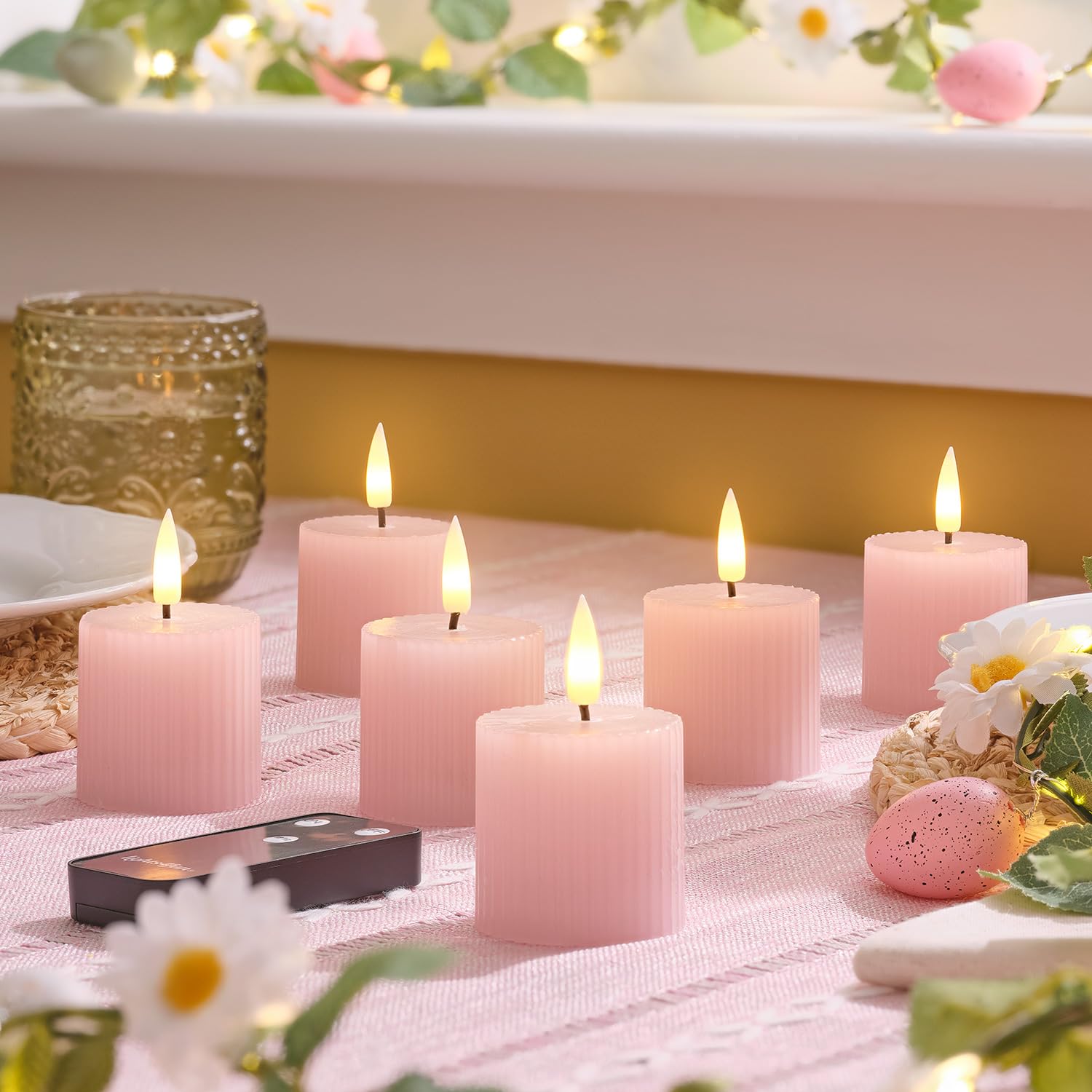 Lights4fun 6er-Set TruGlow® Rosafarbene gerippte Teelichter aus Echtwachs | Warmweiße flackernde LEDs | mit Fernbedienung & 6h Timer | Batteriebetrieben | Deko Frühjahr Tisch & Wohnbereich | 5 x 5 cm