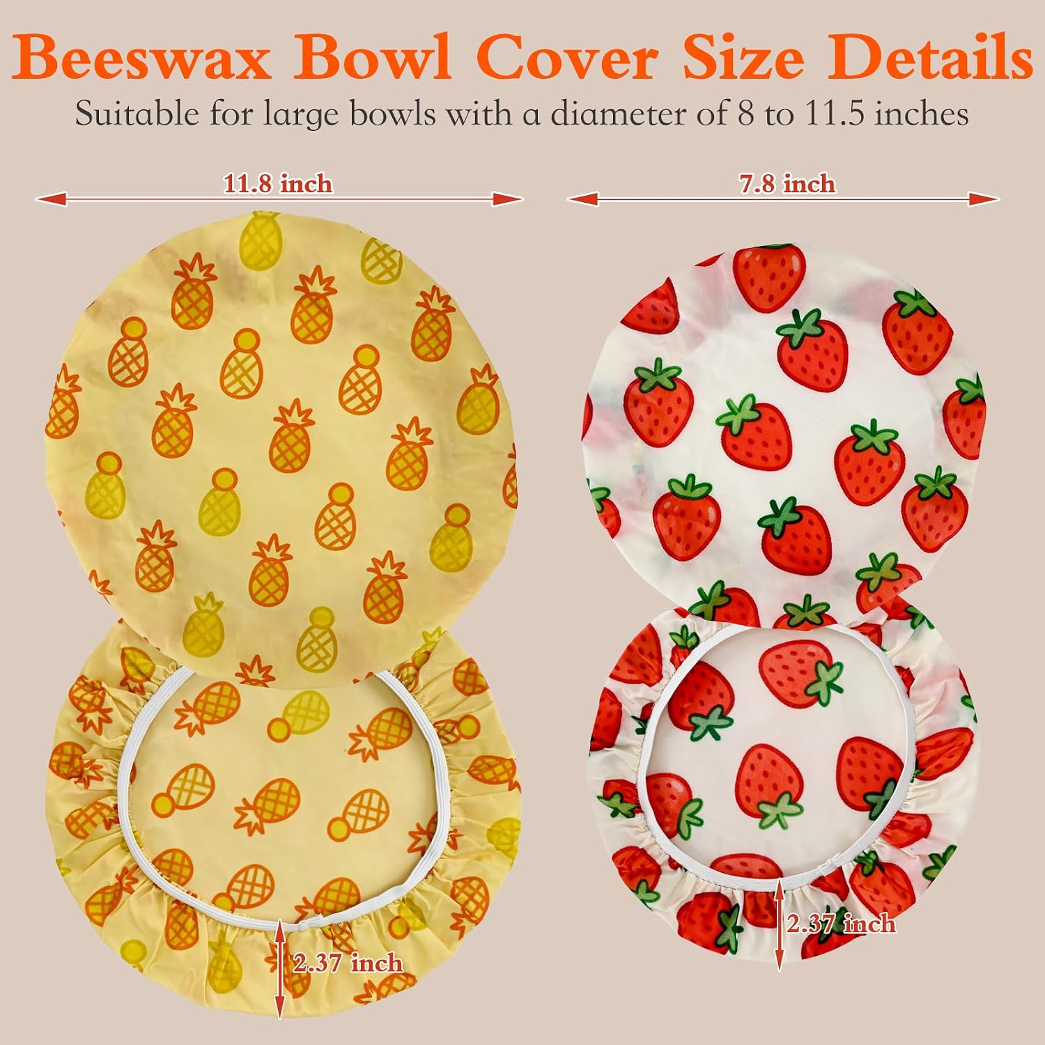 4 Pack Beeswax Bowl Covers,Reusable Beeswax Bowl Covers, Elastic Cotton Cloth Sourdough Bread Cover, 7.8/11.8Inch Reusable Bowl Caps for Bread Proofing Baskets and Large Mixing Containers