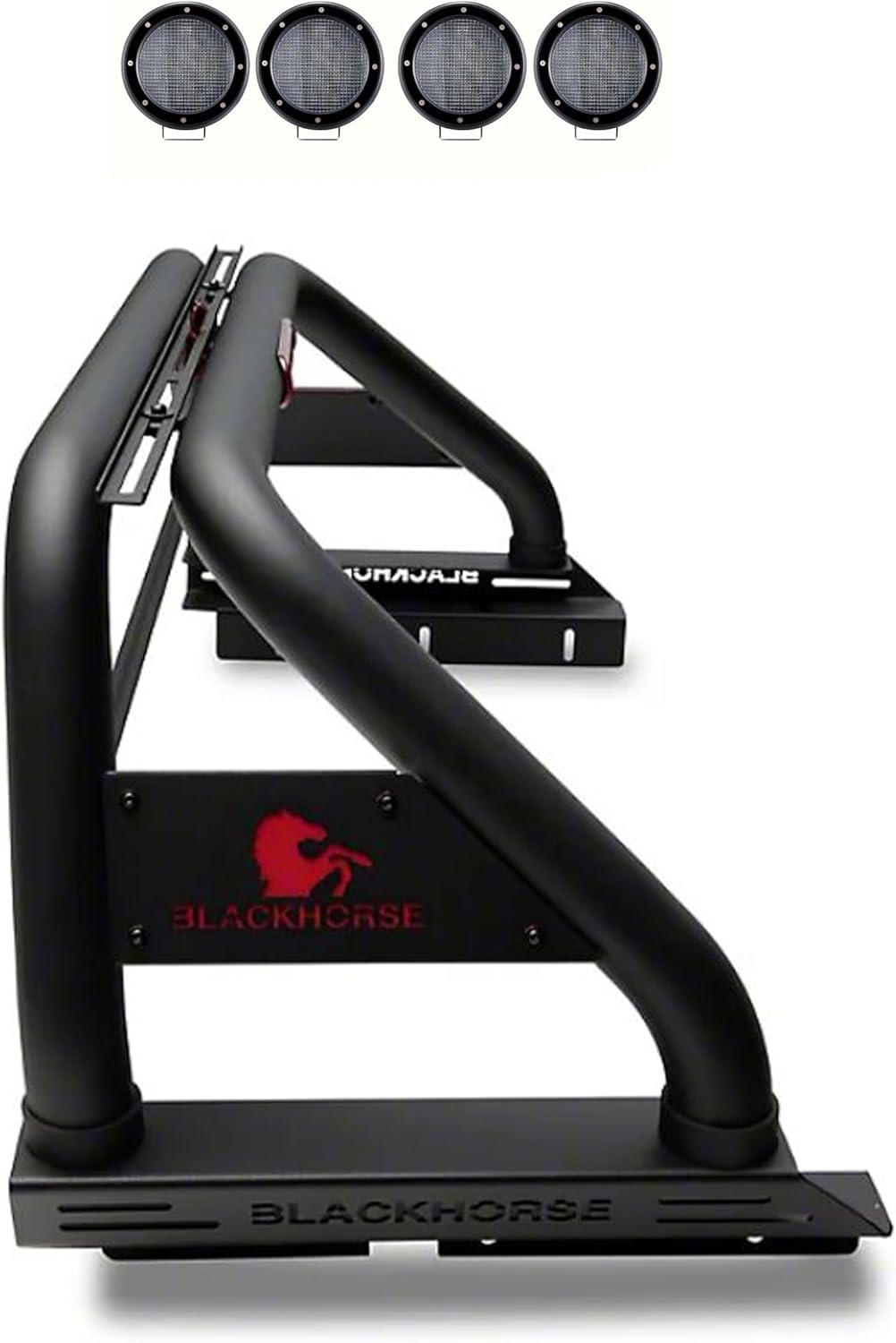 Black Horse Classic Roll Bar Incl. Set of 5.3" Dia.LED Lights w/Black Trim Rings Black Compatible with 2005-2024 Toyota Tacoma-RB006BK-PLFB