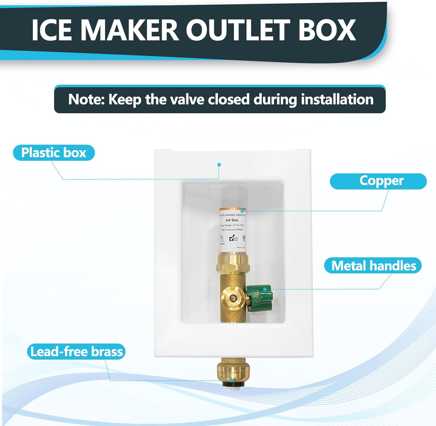 1-Pack Seelink Pre-Assembled Ice Maker Outlet Box, 1/2" Push-fit Inlet x 1/4" OD Compression Outlet, with Installed 1/4-Turn Ball Valve and Copper Hammer Arrestor