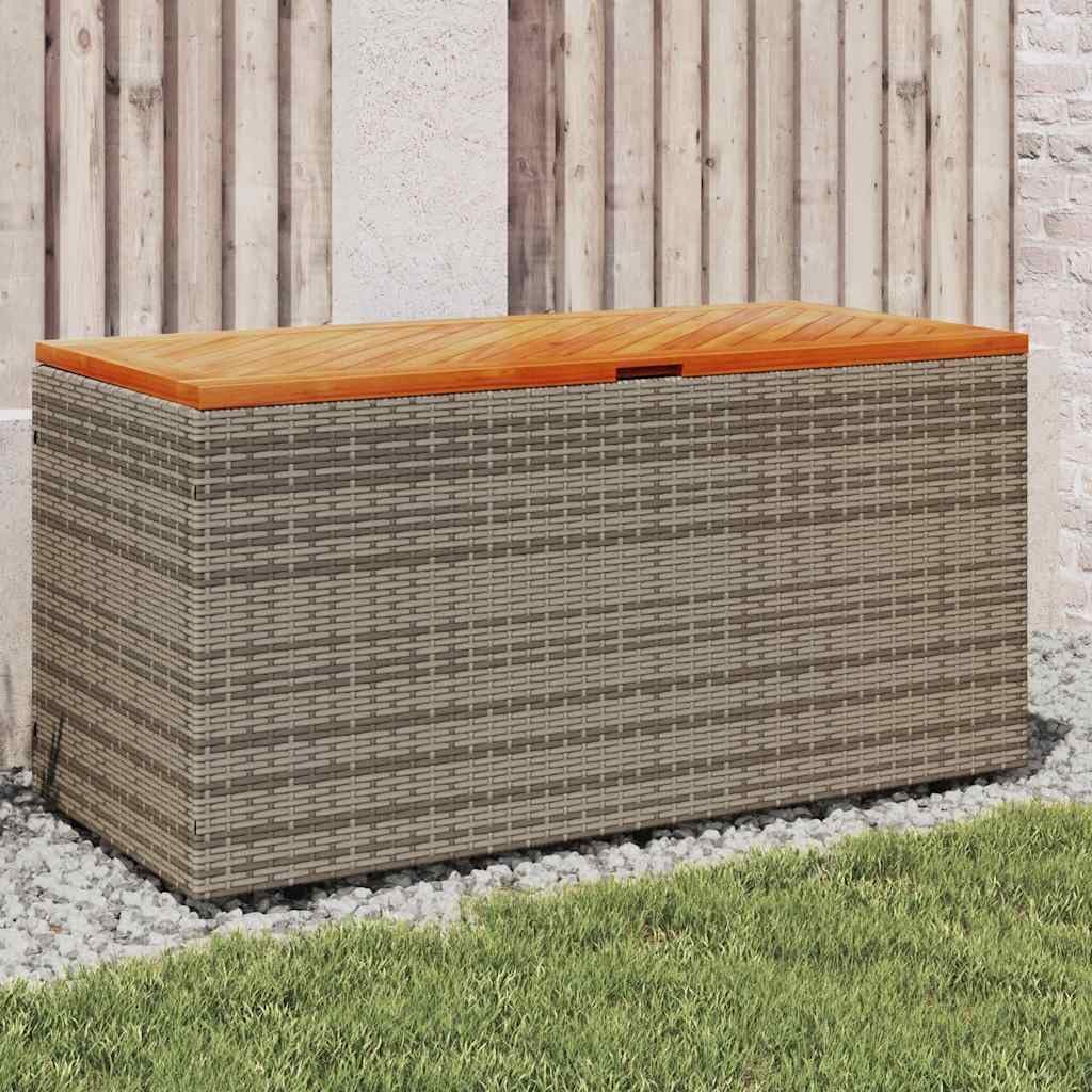 44x20x21 Grey Rattan Outdoor Storage Bench, Acacia Seat, Deck Box for Cushions/Toys, Seats 2