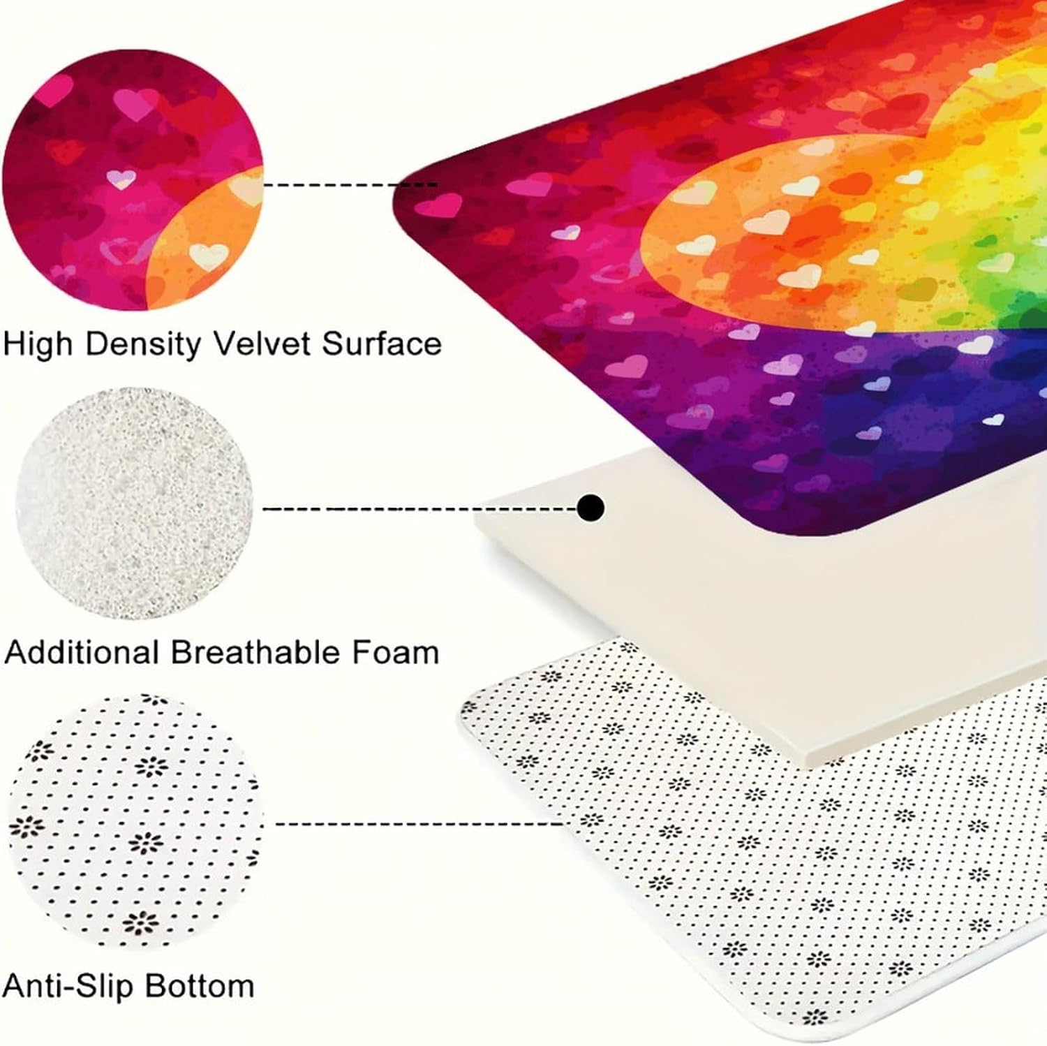 Colorful Rainbow Love Heart Kitchen Mat Set of 2 Ergonomic Comfort Velvet Rugs Cushioned Anti-Fatigue Non-Slip Standing Mats Thick Kitchen Floor Mat Carpet Runner Rugs 16"×24"+17"×47"