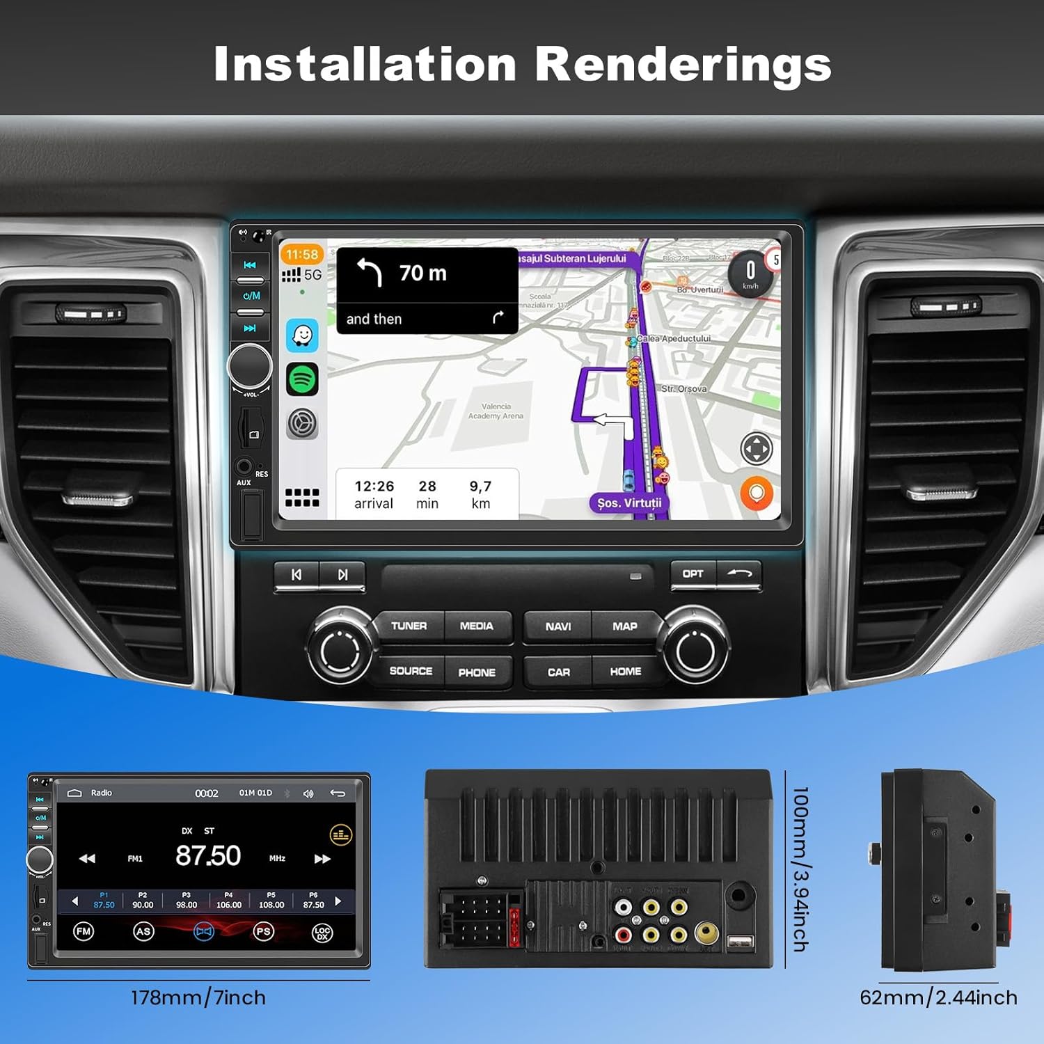 Diagram showing the Hikity 7018B car stereo installed in a car dashboard, along with its front, rear, and side dimensions.