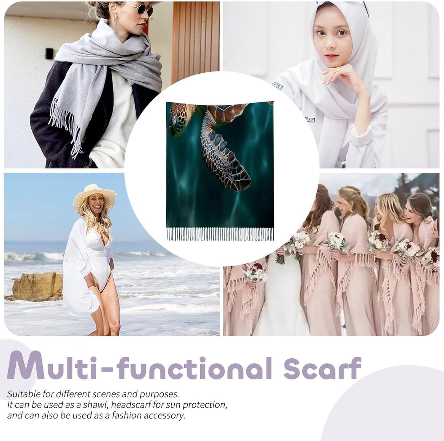 Underwater Turtle Winter Scarf for Women Soft Tassel Scarves Oversized Wraps Long Shawl Cold Weather Thick Blanket Scarfs