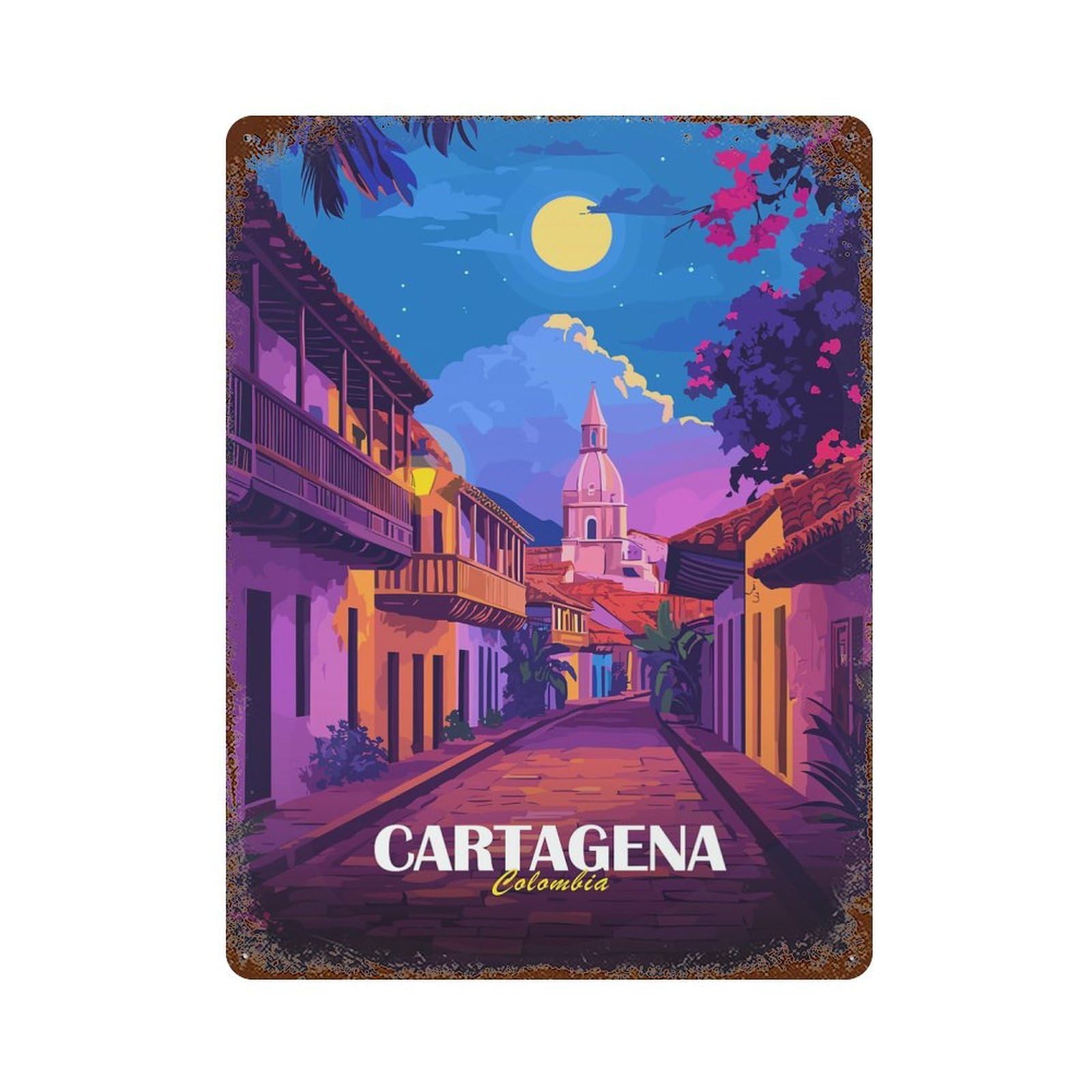 Cartagena Colombia Street View Illustration 15.7"x11.8" Distressed Metal Wall Sign, Industrial Home Decor for Patio, Garden Room And Bar Decor