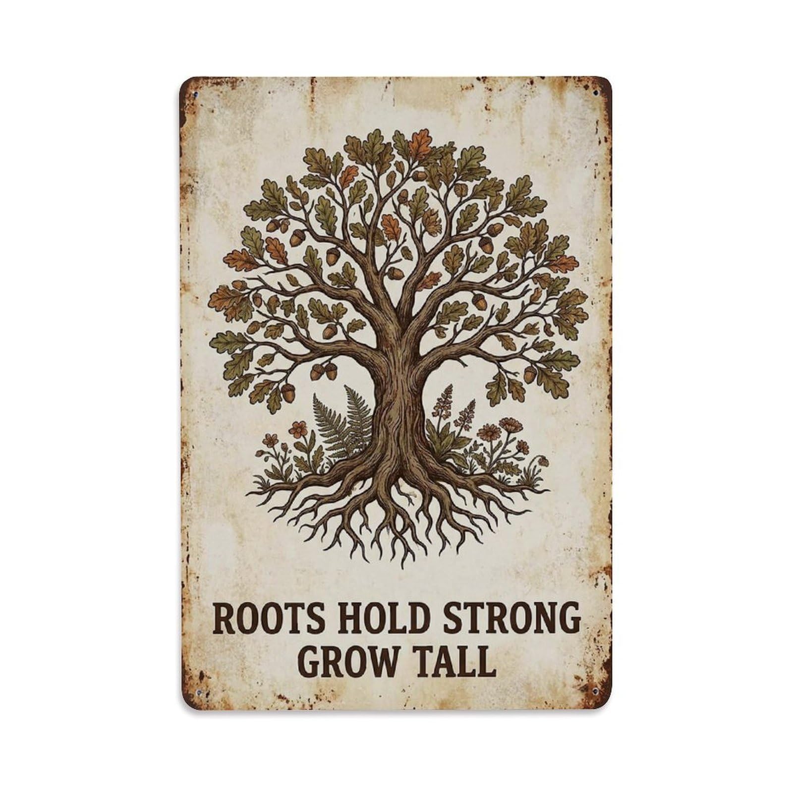 Comic Garden Botanical Motto Hold Strong Grow Vintage Metal Tin Sign Plaque Wall Decor for Cafe, Man Cave, Club Bar, Office, Home Garden Round Metal Poster 8x12Inch
