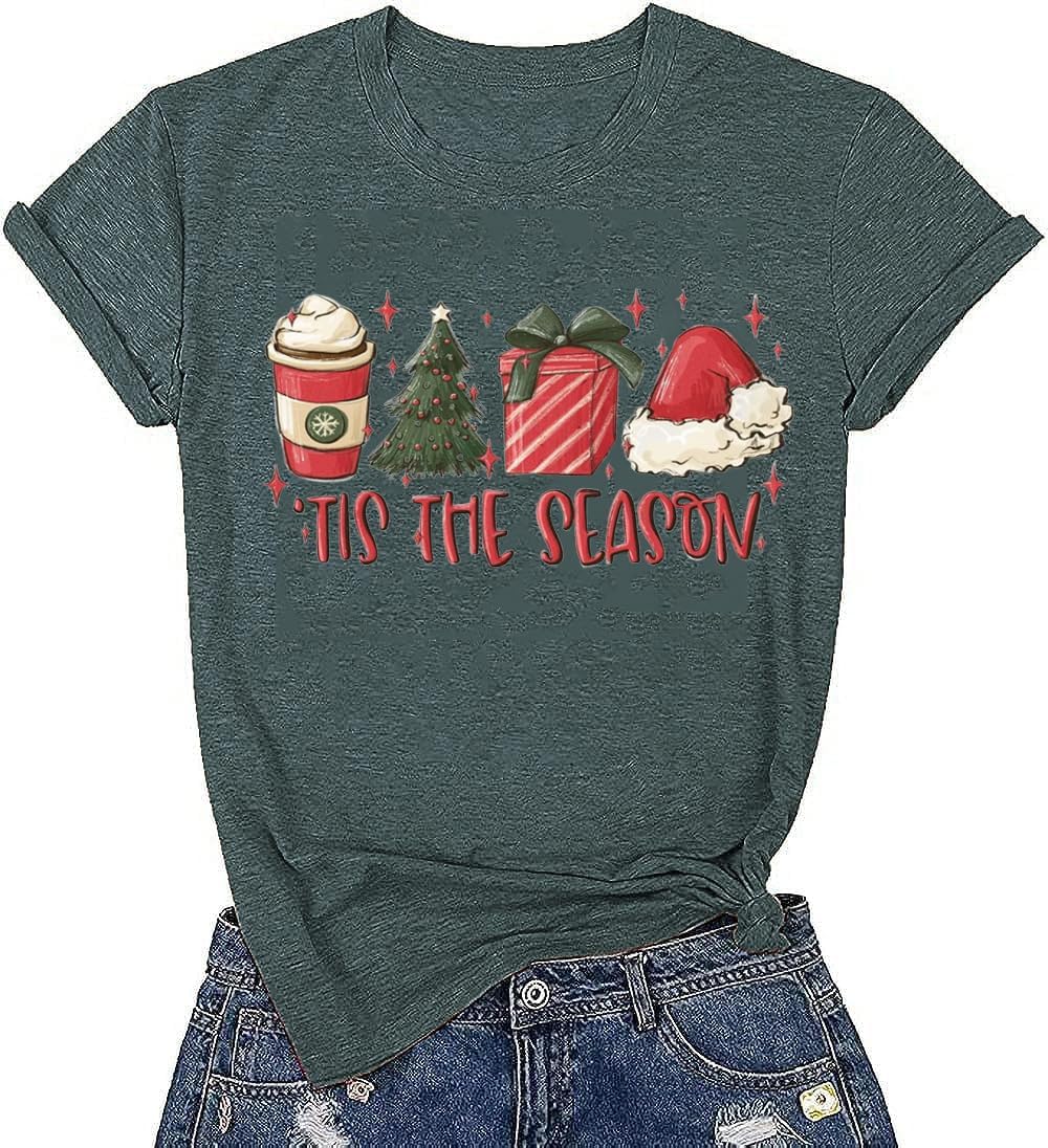 Women Tis The Season Christmas Tree Snack Cakes Christmas Hats Coffee Santa Cute Xmas Tee Tops.