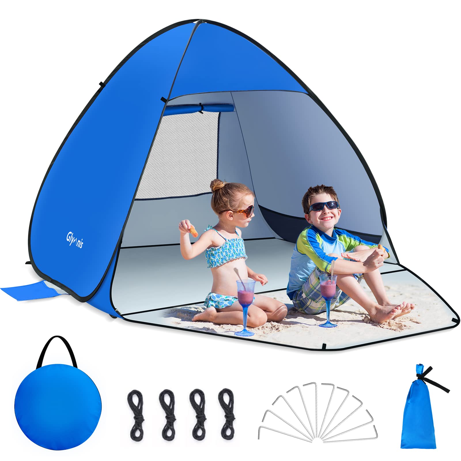 Glymnis Tienda de Playa Pop Up 2-4 Personas Tienda Instantánea Automática UPF 50+ Tienda Playa Portátil con Puerta Cremallera para Playa Parque Pescar