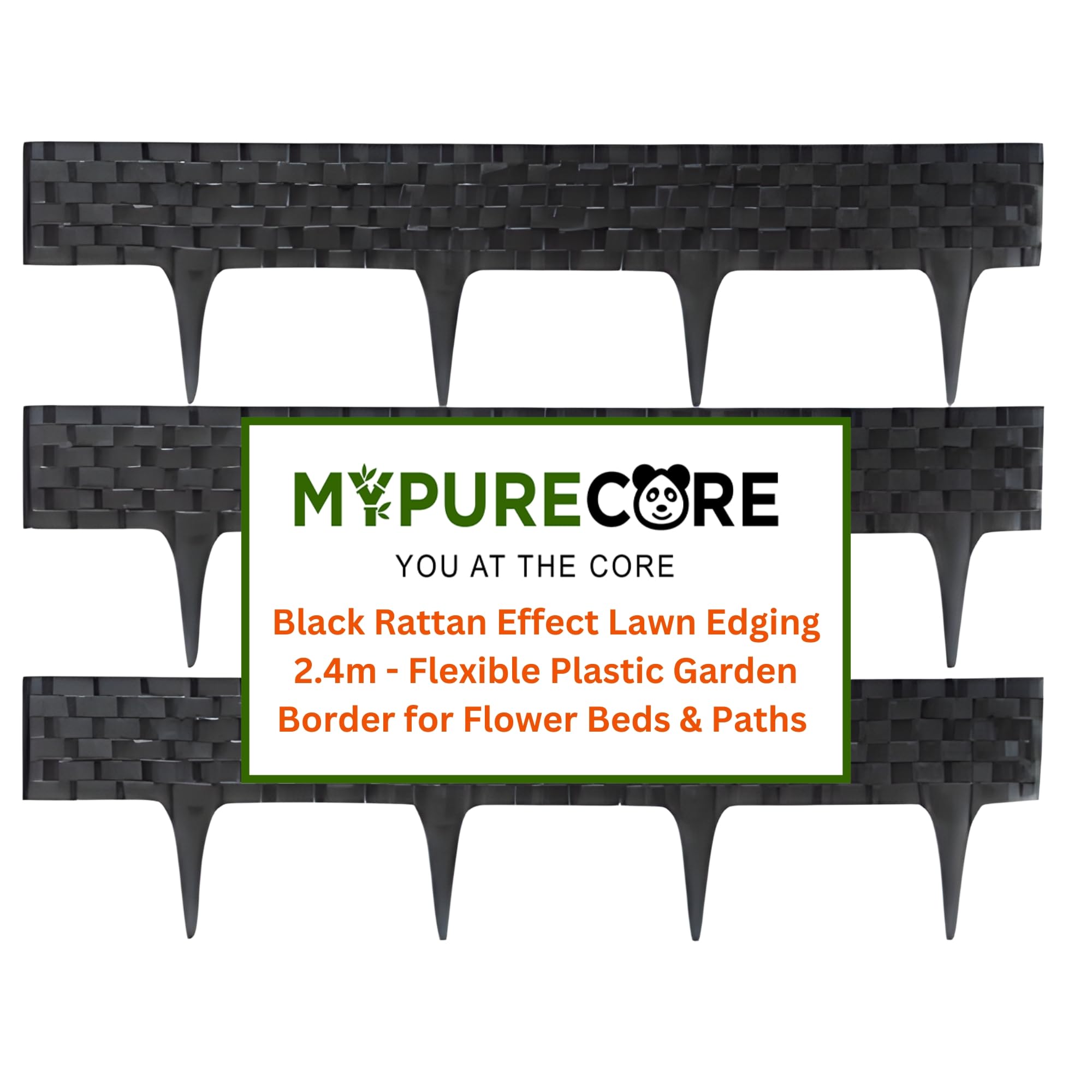 MYPURECORE Black Rattan Effect Lawn Edging 2.4m - Flexible Plastic Garden Border for Flower Beds & Paths | Weather-Resistant & Recyclable Palisade | Easy Install Edging for Grass, Gravel & Landscape