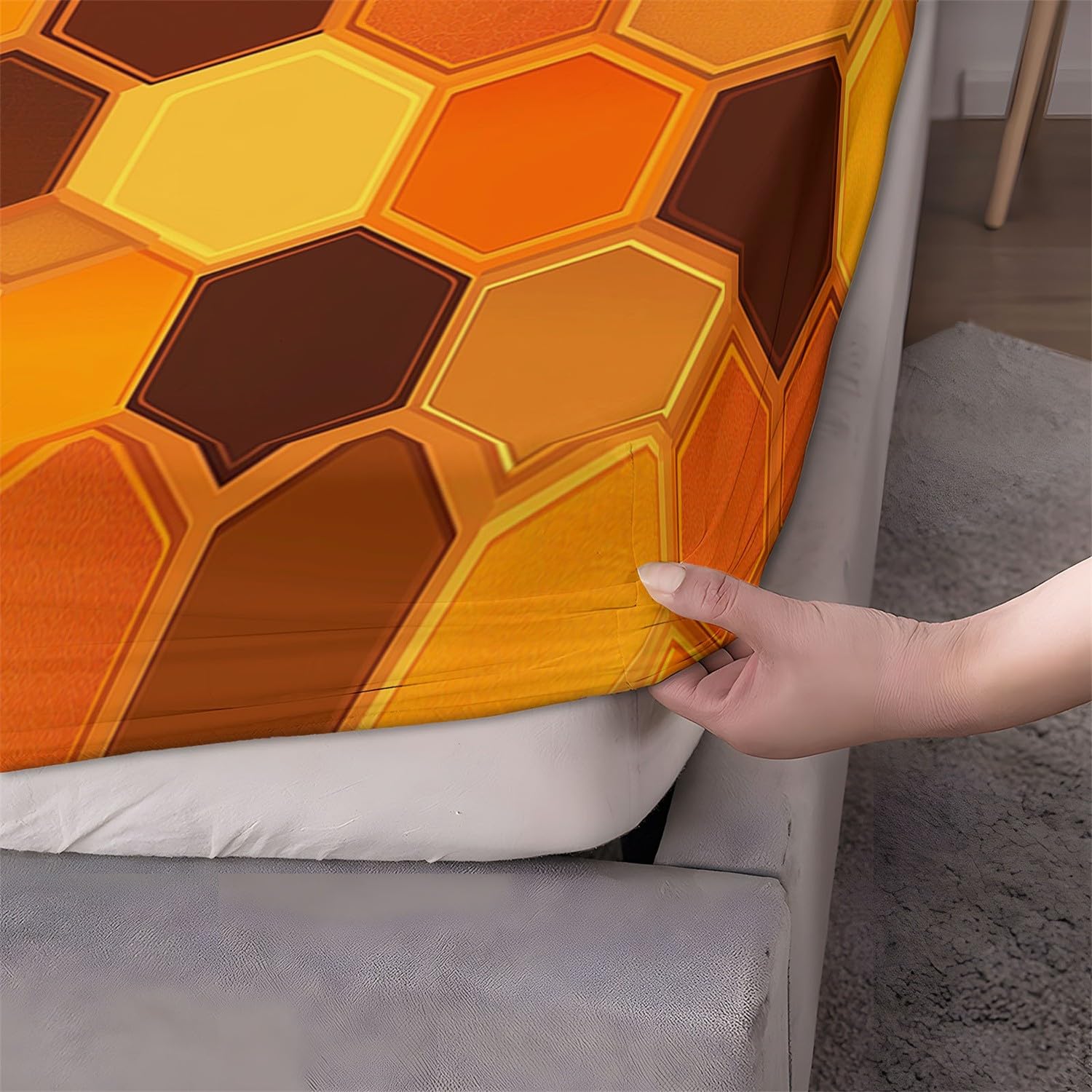 Lenzuolo con angoli 160 x 200 cm Design originale a nido d'ape esagonale Biancheria da letto 3 pezzi con angoli stampati Colore arancione Lenzuolo Lenzuolo con angoli extra profondo con federe