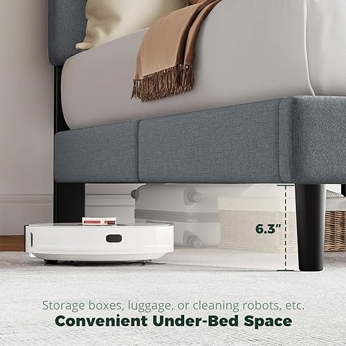 Miniatura 3 de Base de cama Queen con cabecera de tela tapizada, fácil montaje, soporte de listones de madera, cabecera ajustable, no necesita somier, sin ruido,