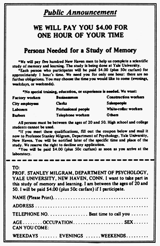 Milgram Experiment 1963 Npublic Announcement Asking For Volunteers For A Memory Study Who Would Become The Subjects For His Experiment On Obedience To Authority 1963 Poster Print by (18 x 24)