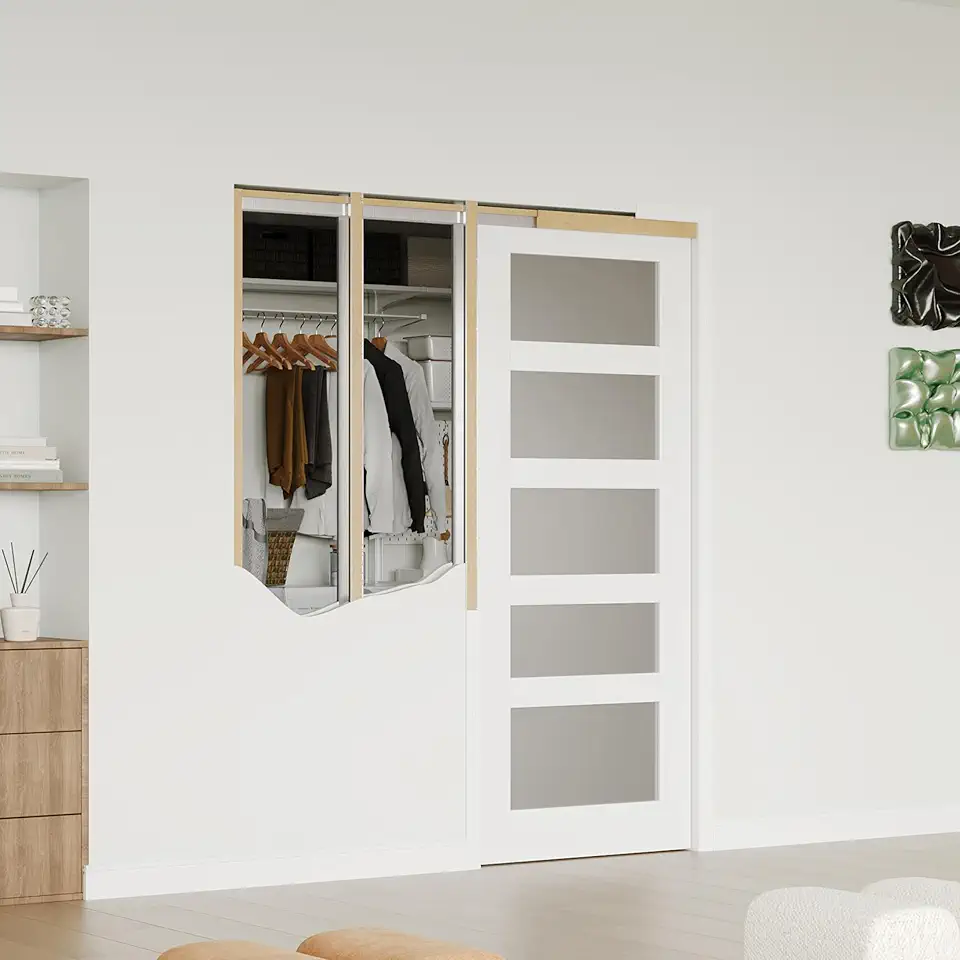 Exterior Pocket Doors: 5 Design Ideas to Transform Your Home 8 32x80 Frosted Glass 5-Panel Pocket Door — White Primed