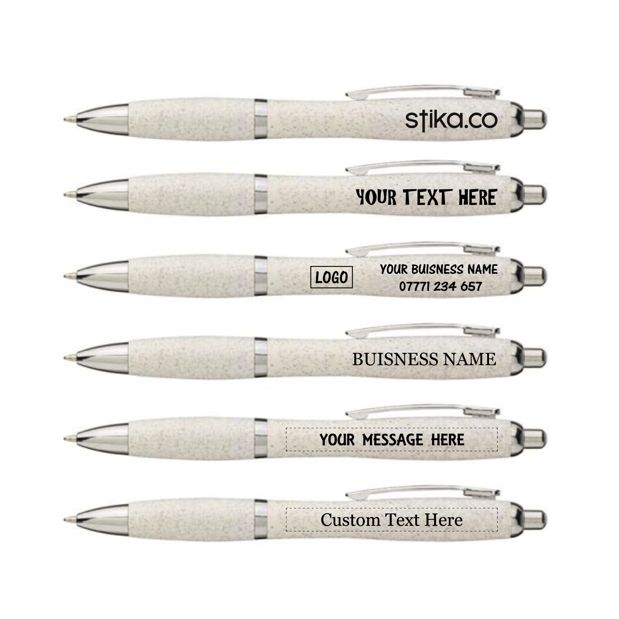 Multipack Eco-Friendly Wheat Custom Printed Curved Pens Personalised with Your Logo/Text, Promotional Events Schools Giveaway (Set of 40, White)