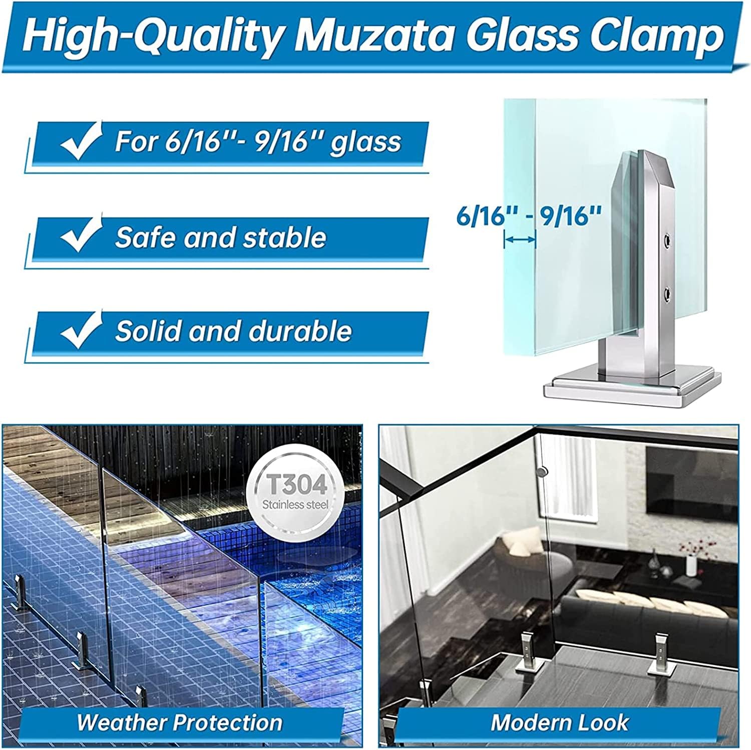 Rieort - Pinza de cristal para abrazaderas de vidrio duraderas, soportes de cristal de acero inoxidable, pinza cuadrada ajustable con pernos de expansión, abrazadera de piso de vidrio fiable
