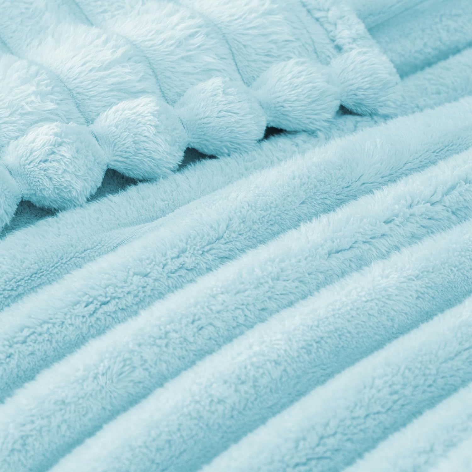 Exclusivo Mezcla Queen Size Flannel Fleece Blanket, Super Soft Striped Jacquard Bed Blanket, Lightweight Fuzzy Cozy for All Seasons, 90x90 Inches, Light Blue - Image 4