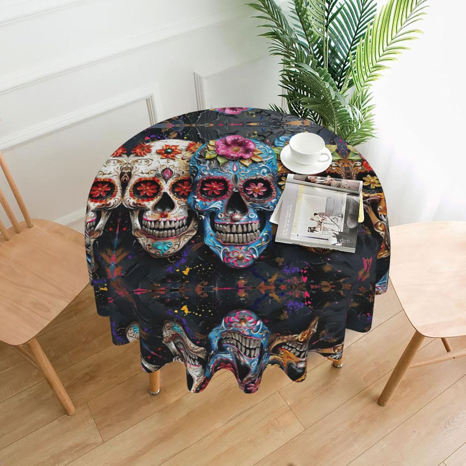 Sugar Skulls Print Wrinkle Free Dining Table Cover for Birthday Party Farmhouse Tablecloths Up to 60 x 60 Inches