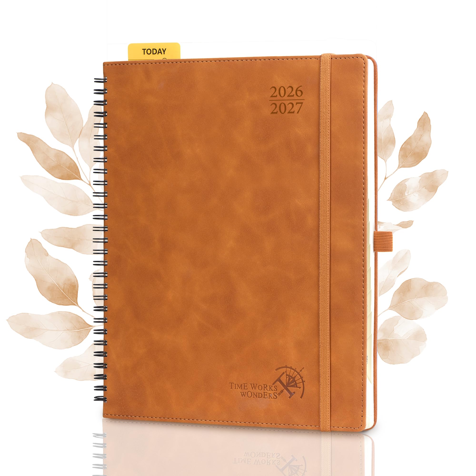 POPRUN Academic 2026-2027 Diary Week to View Large Spiral Bound Soft Cover 26.5 x 21.5 cm - 26/27 Mid Year Weekly Planner & Notebook in One, Monthly Tab(Brown)