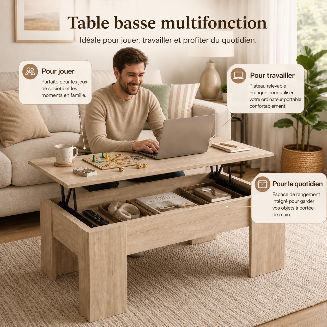 Table Basse relevable Bois Clair. 100 x 45 x 50 cm. Table de Salon avec Compartiment Moderne. Table Basse avec Plateau relevable