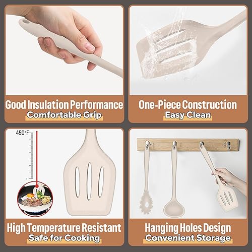 Miniatura 10 de E-far - Juego de utensilios de cocina de silicona, 7 piezas, color rojo, resistentes al calor, herramientas antiadherentes, espátula, cucharón,