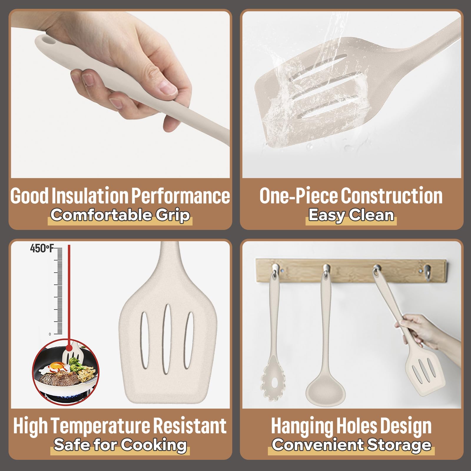 E-far Juego de utensilios de cocina de silicona, 7 piezas, caqui