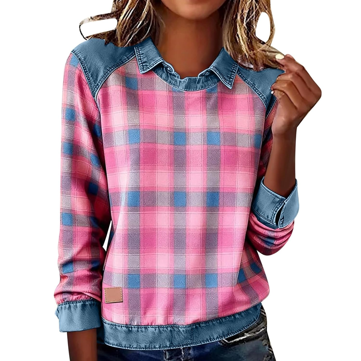 Womens Plaid Denim Collared Sweatshirt Patchwork Denim Sweater Pullovers Long Sleeve Fall Winter Splicing Tshirts