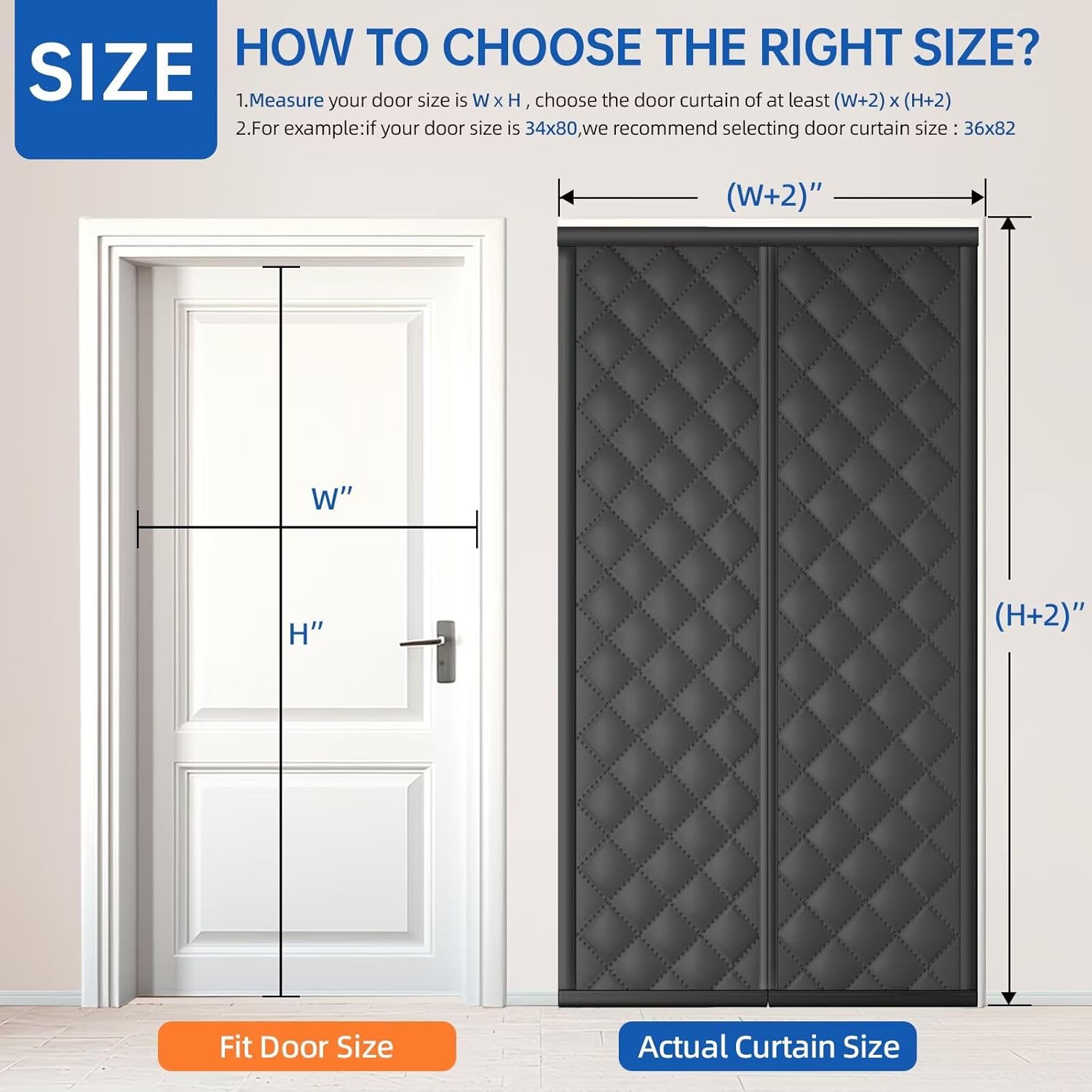QNLONG Magnetic Thermal Insulated Door Curtain Fits 34"X80" Doors, Thermal Door Cover for Winter Curtain Size 36x82 Inch Oxford and Cotton Fill (Black) Screen Size 36x82in Fit Door Size 34x80in Black