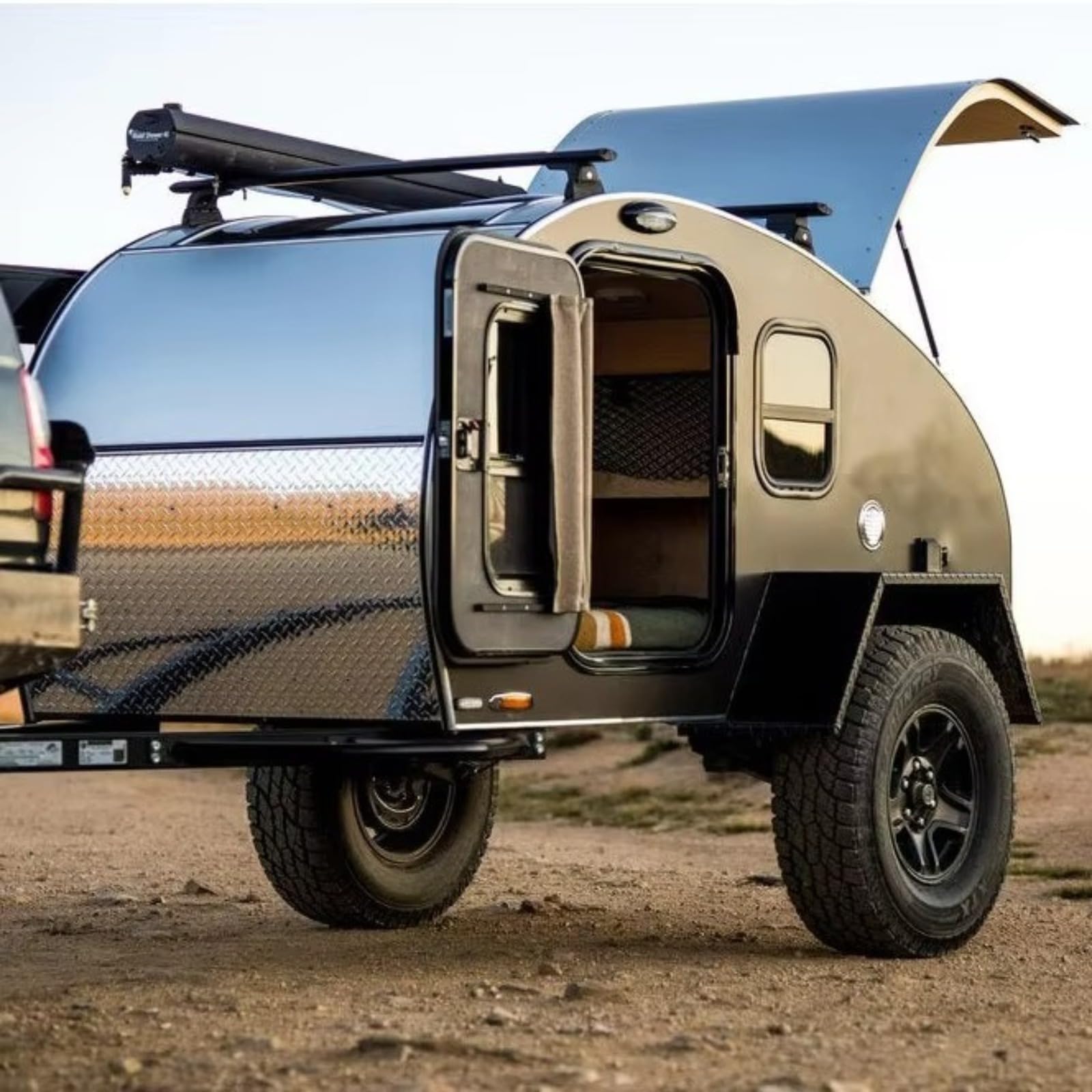 Compact Teardrop Camper Trailer with Outdoor Kitchen, Small Off-Road Travel Trailer, Lightweight RV for Remote Camping and Off Grid Travel