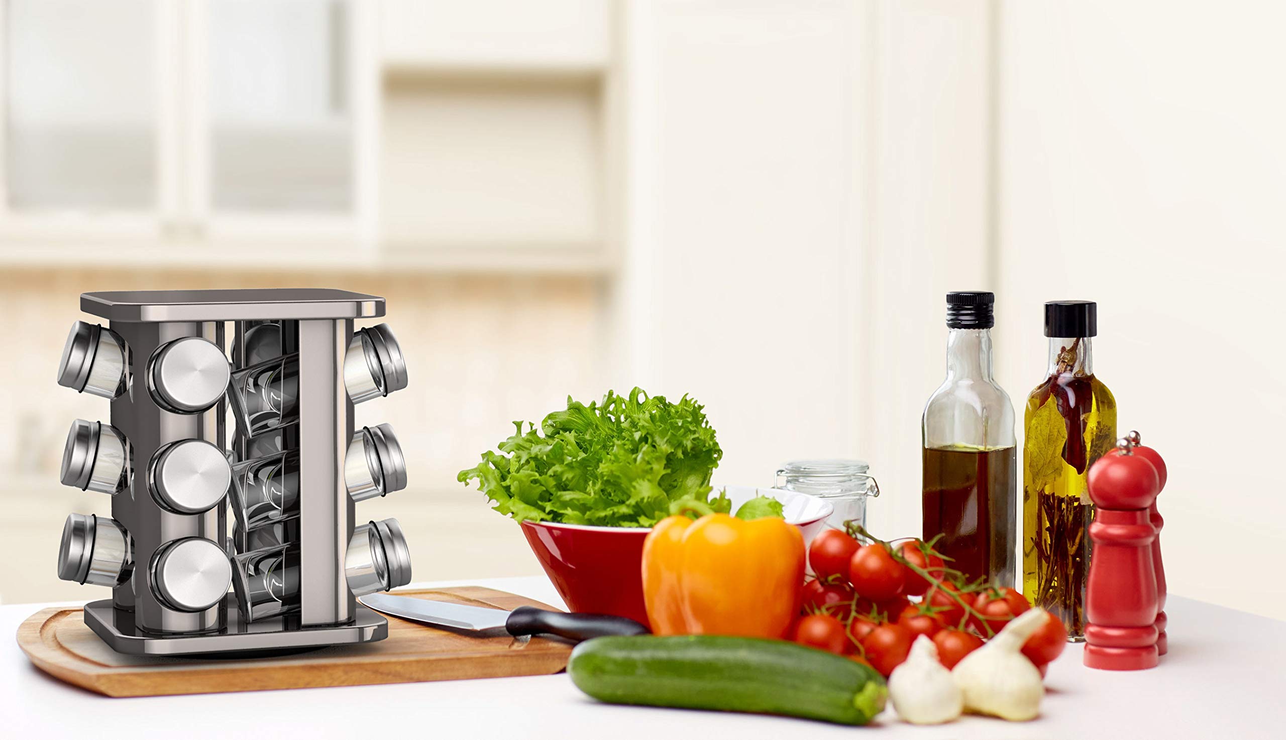 bonVIVO Porta Spezie Girevole da Cucina – Portaspezie Salvaspazio in Vetro e Acciaio Inox con 12 Barattoli per Spezie Ermetici – Portaspezie Girevole 360° – Design Argento