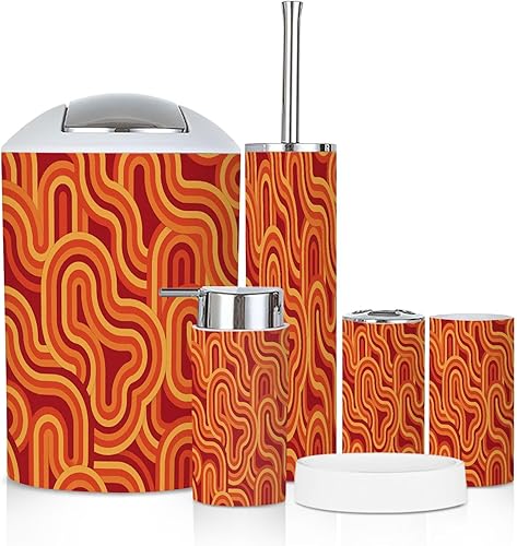 Bathroom Accessory Set 6PCS 70s Retro Vintage Mid Century Modern Seamless Trash Can, Soap Dispenser, Toothbrush Holder, Toothbrush Cup, Toilet Brush
