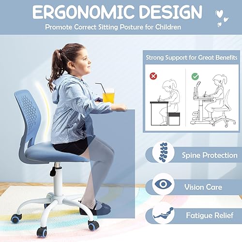 Miniatura 5 de HONEY JOY Silla de escritorio para niños, silla de estudio para niños con altura ajustable, respaldo bajo, silla giratoria de malla rodante, silla