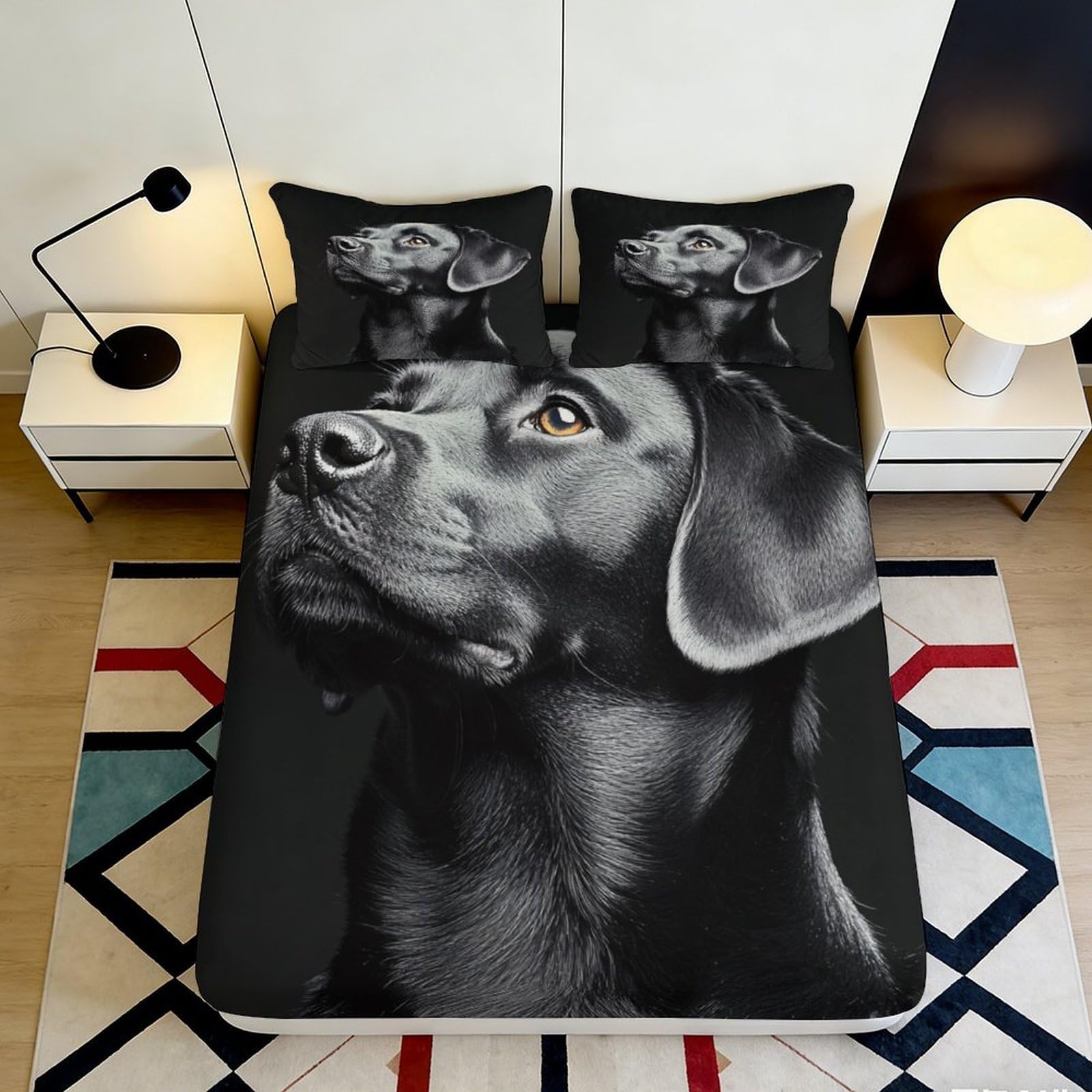3D Printed Black Labrador Dog Fitted Sheet Microfiber Soft Bed Cover for Bedroom Guest Room Mattress Protection 90x200x25cm