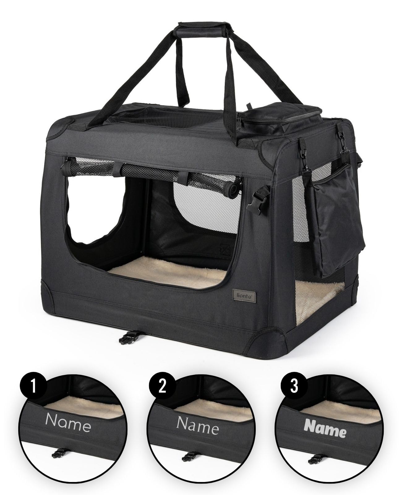 lionto Dog Carrier Carrier Bag for Dogs Folding Carrier Autobox Bag for Small Animals (M) 60 x 42 x 44 cm Black (with Name Printed)
