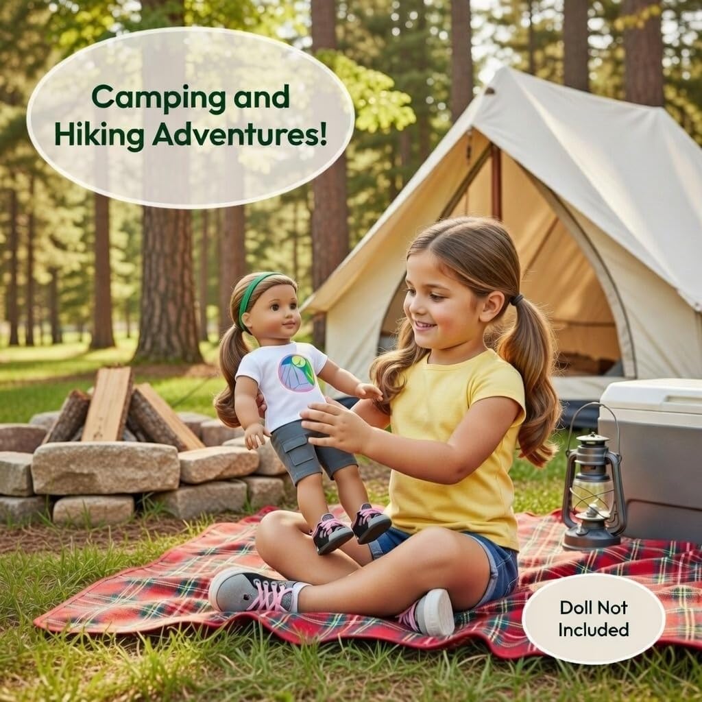 Emily Rose Girl Scouts® Officially Licensed 18 Inch Doll Camping Outfit – Badge Graphic T-Shirt, Cargo Shorts, Headband & Hiking Boots – Fits American Girl Dolls – Gift Boxed