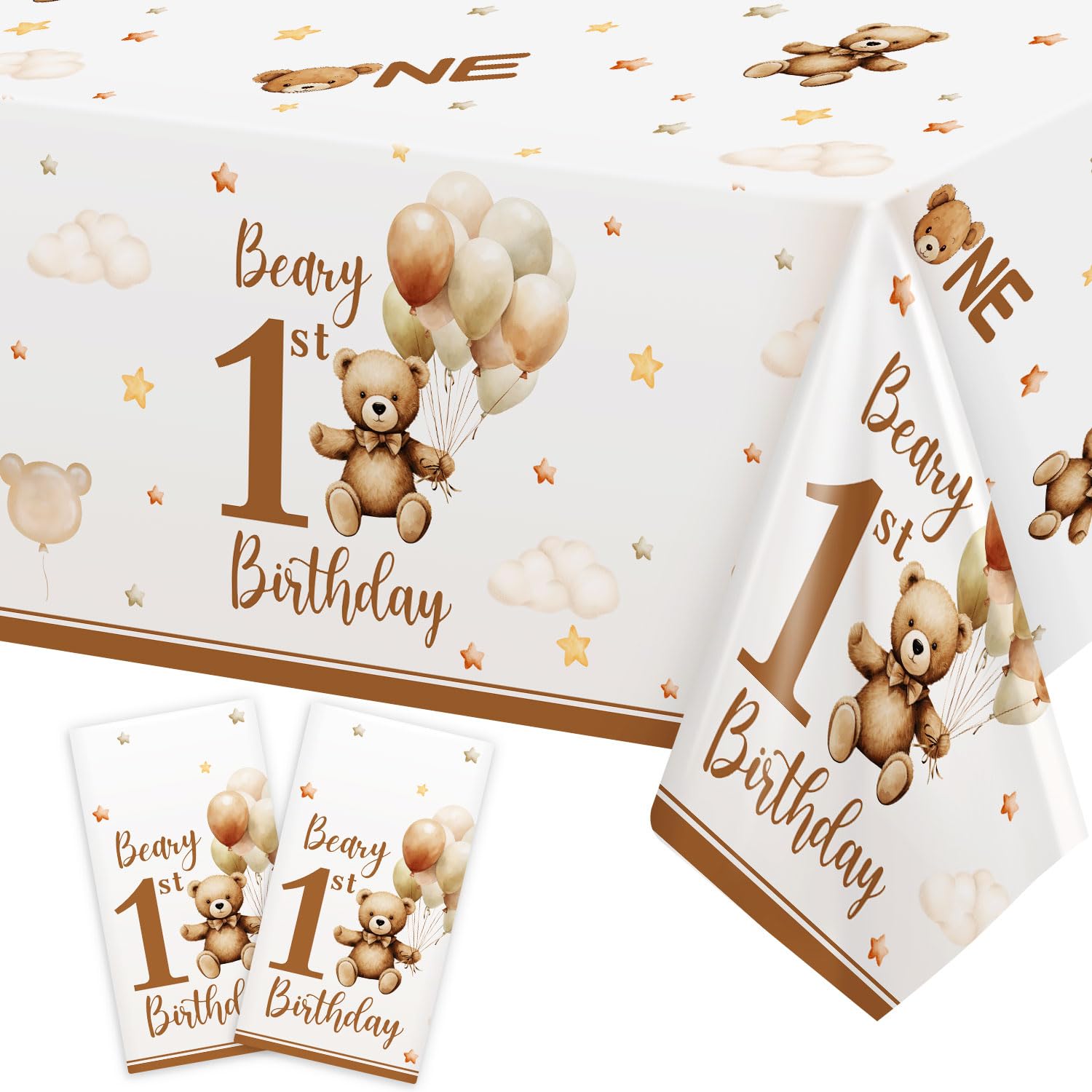 2 Pack Beary First Birthday Decorations for Boys Table Cloth, Teddy Bear 1st Birthday Boy Tablecloth - 137 X 274cm Large Rectangular Table Cover Brown Bear Birthday Party Decorations Supplies