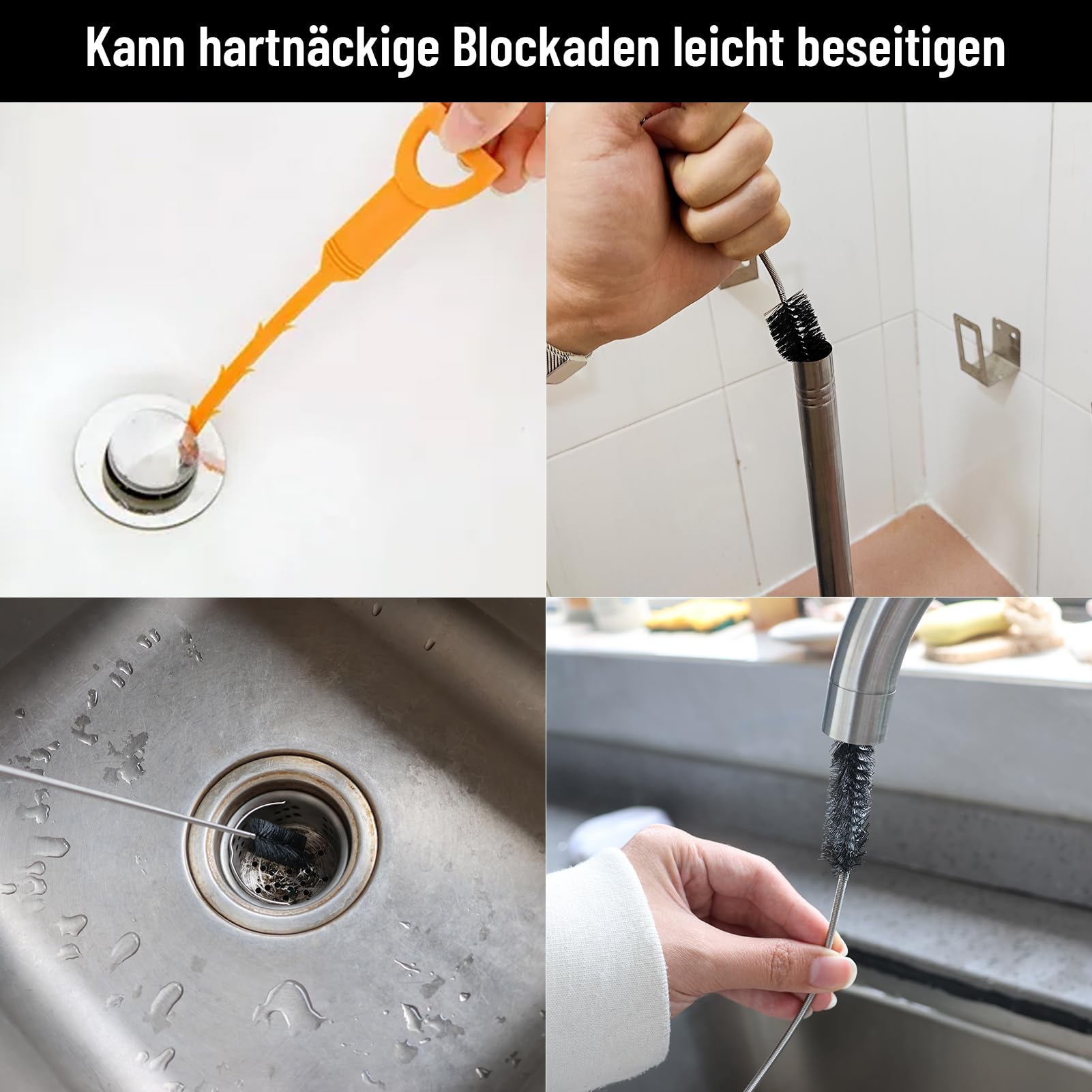Desatascador Espiral Set 3 Piezas 2 m Cepillo Desagüe Flexible Cabezales Cerda 60 cm 64 cm Pipe Cleaning Stick