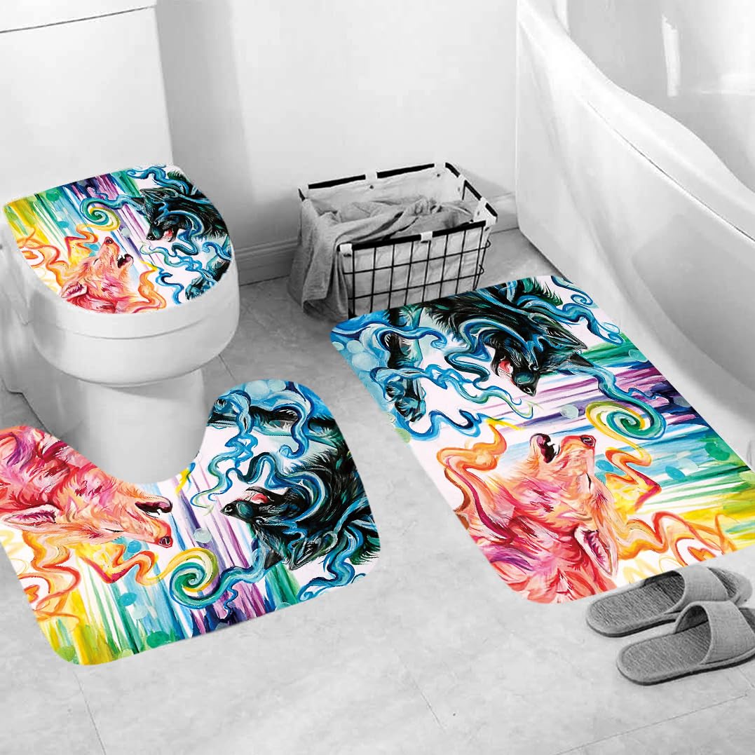 Alfombra Baño Lobo Juego De 4 Alfombras De Baño Lavable,Alfombra Baño Secado Rapido - Alfombra De Baño*1+Tapa del Inodoro*1+ Alfombra*1 Tipo U+Cortinas De Baño180X180 45X75Cm
