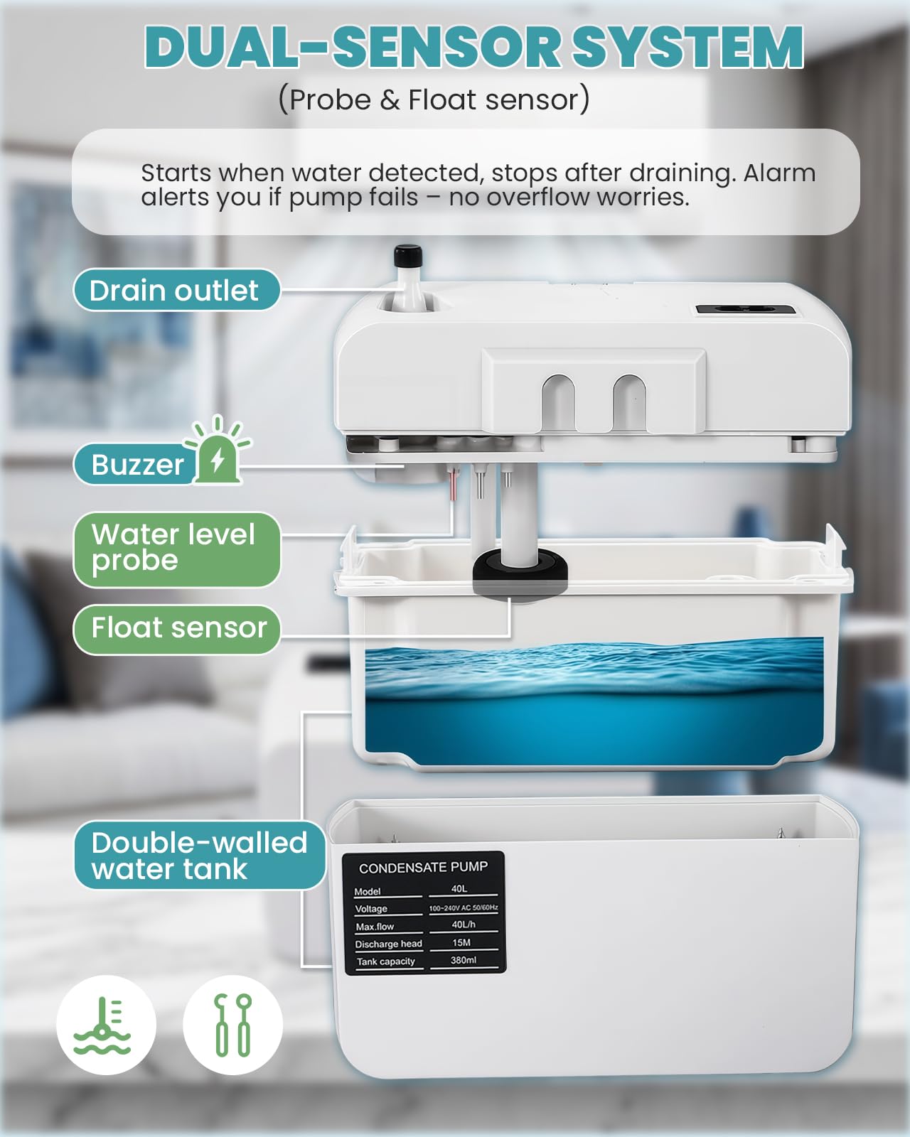 Pompa a condensa da 40 l/h, per condizionatore d'aria, con serbatoio dell'acqua da 380 ml e tubo da 5 m, impianto di sollevamento della condensa per una potenza massima di 15 kW (1-3P) per